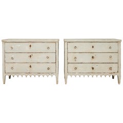 Pair of 1870s Portuguese Painted Three-Drawer Commodes with Scalloped Aprons