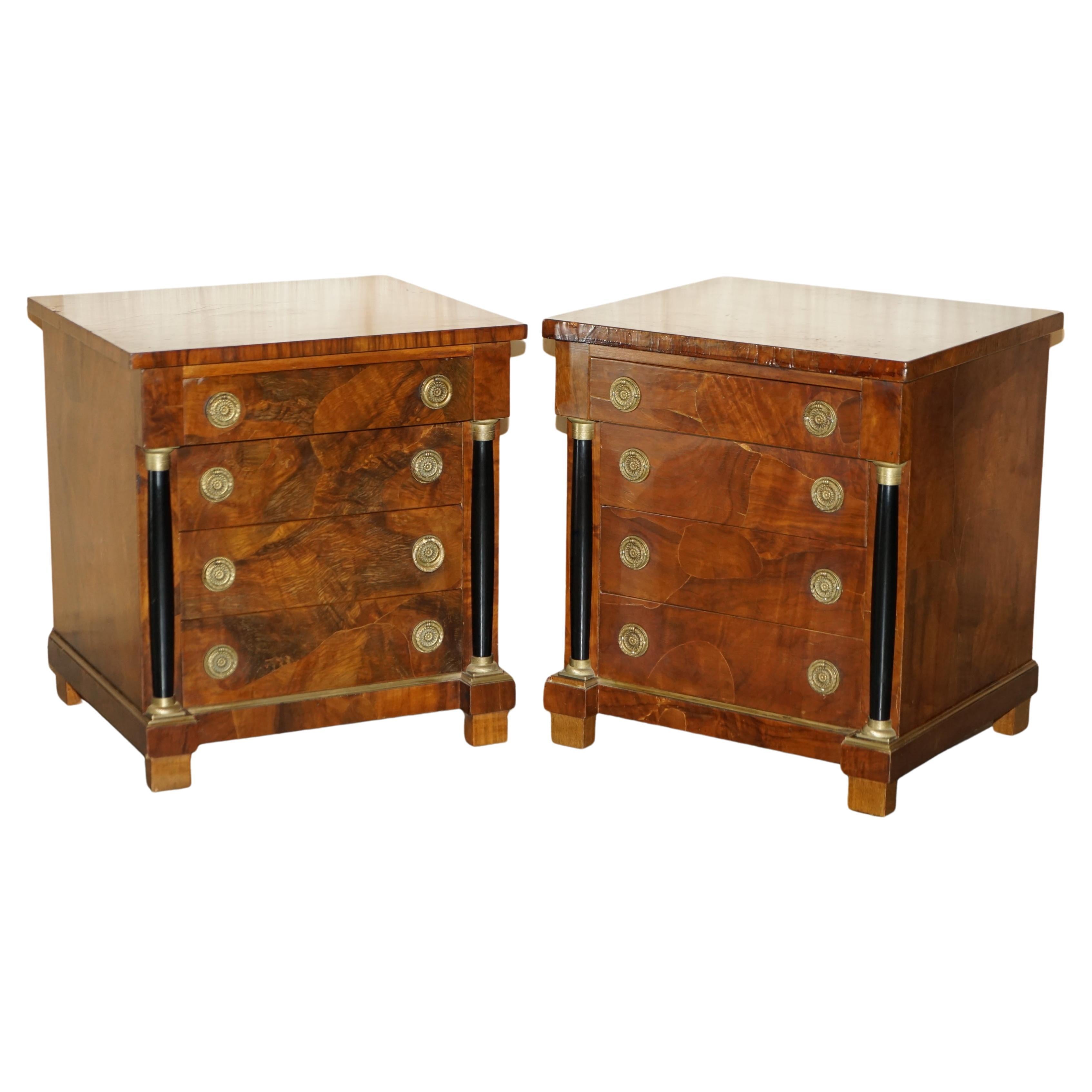 Pair of 1880 Biedermeier Burl Walnut Nightstands Bedside Table Sized Drawers For Sale