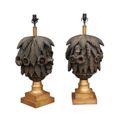 Pair of 1880s Anglo-Indian Table Lamps with Hand Carved Foliage and Floral Décor