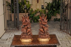 Pair of 1880s Black Forest Hand-Carved Oak Table Lamps with Birds in Foliage