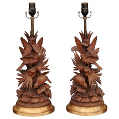 Pair of 1880s Black Forest Hand-Carved Oak Table Lamps with Birds in Foliage