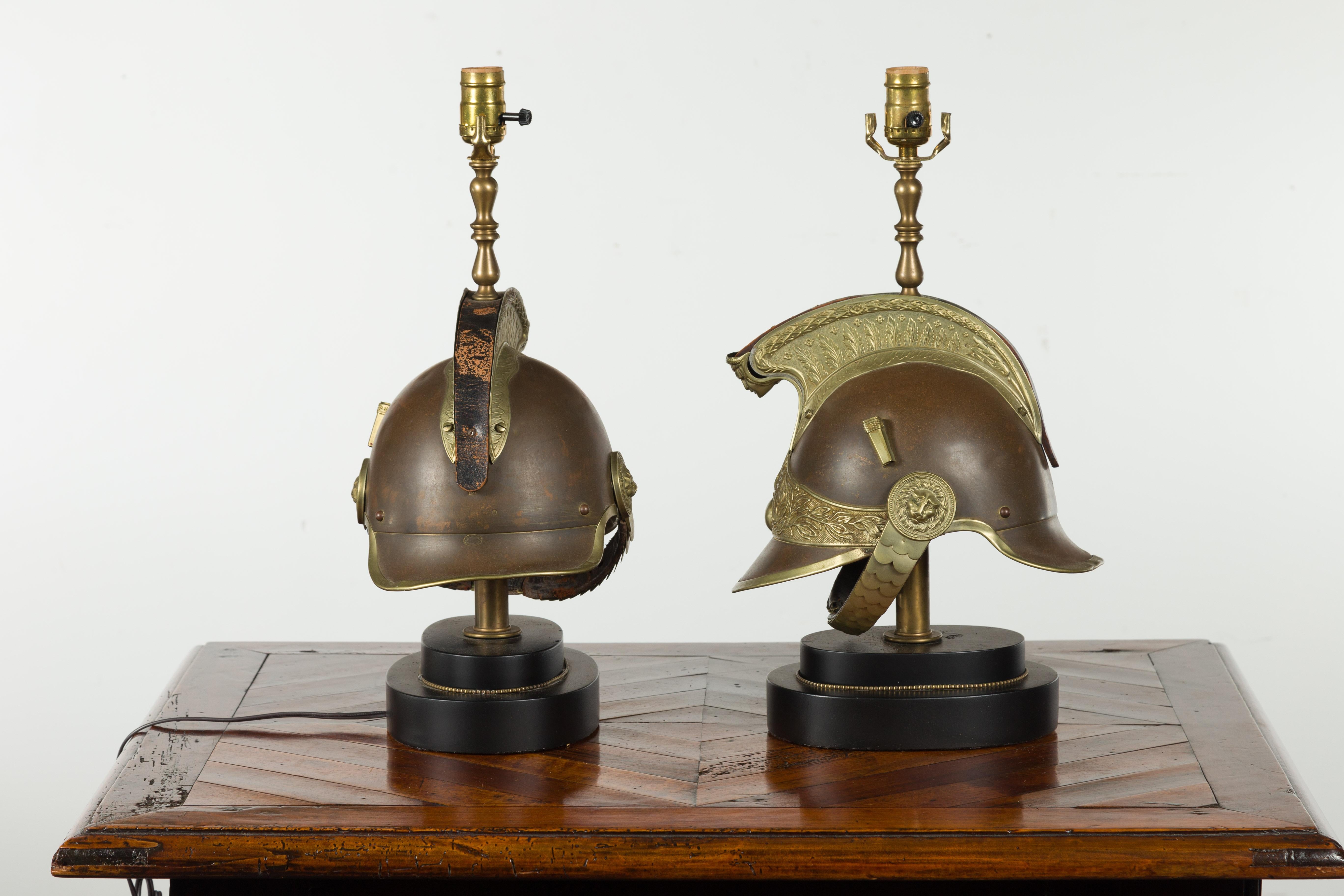 Pair of 1880s Brass Legionary Helmets Mounted as Table Lamps on Bases For Sale 7