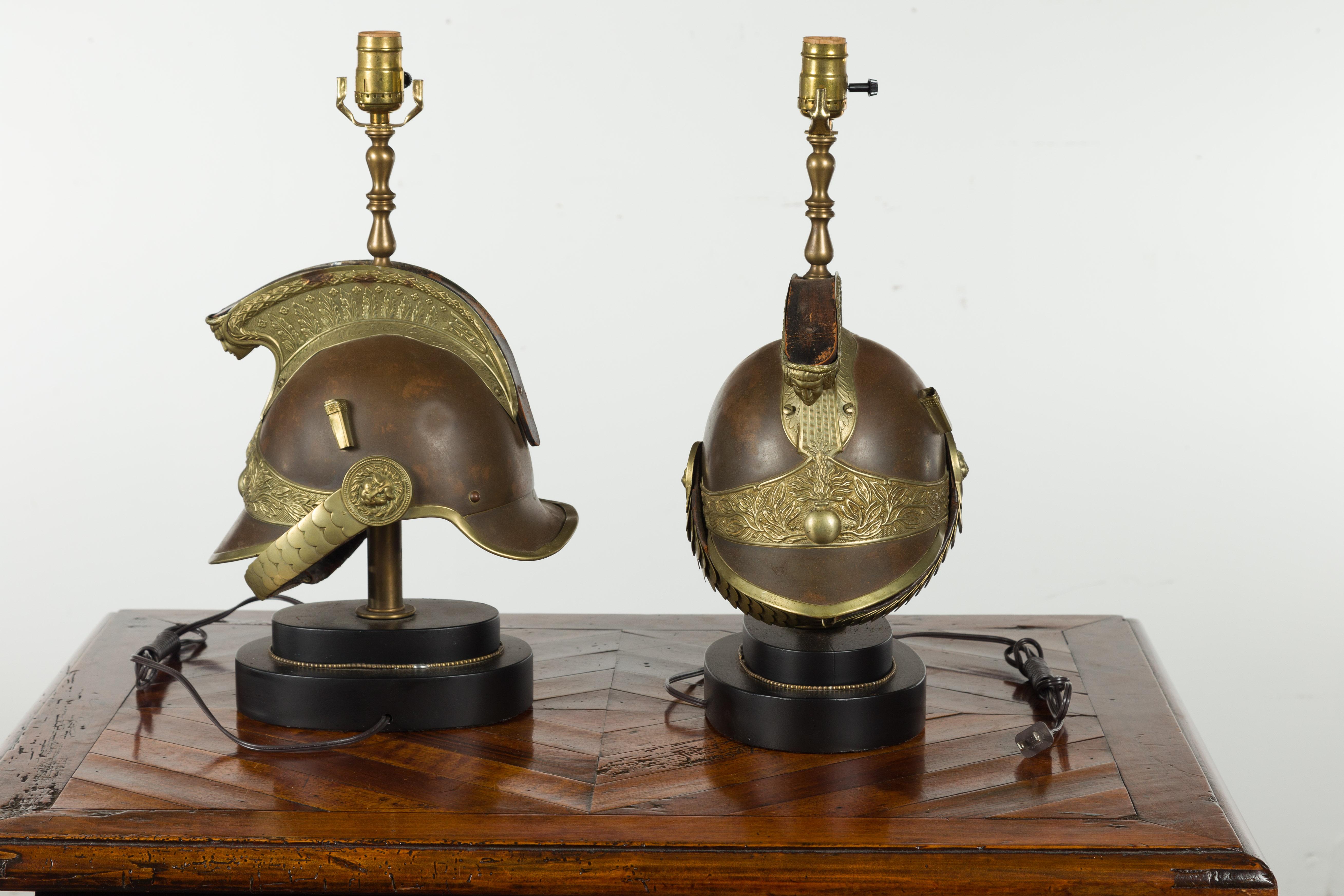 Pair of 1880s Brass Legionary Helmets Mounted as Table Lamps on Bases For Sale 8