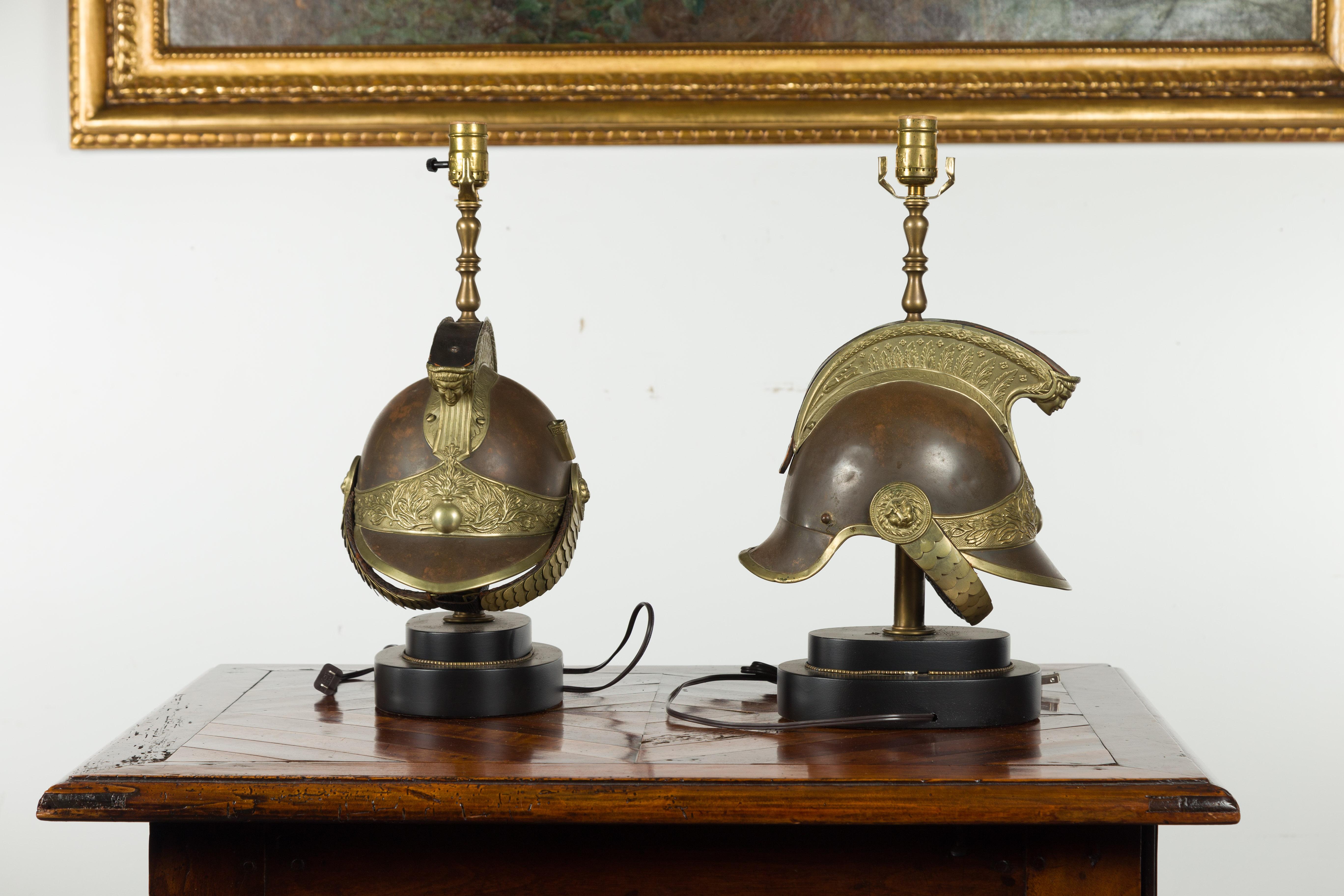 Pair of 1880s Brass Legionary Helmets Mounted as Table Lamps on Bases For Sale 12