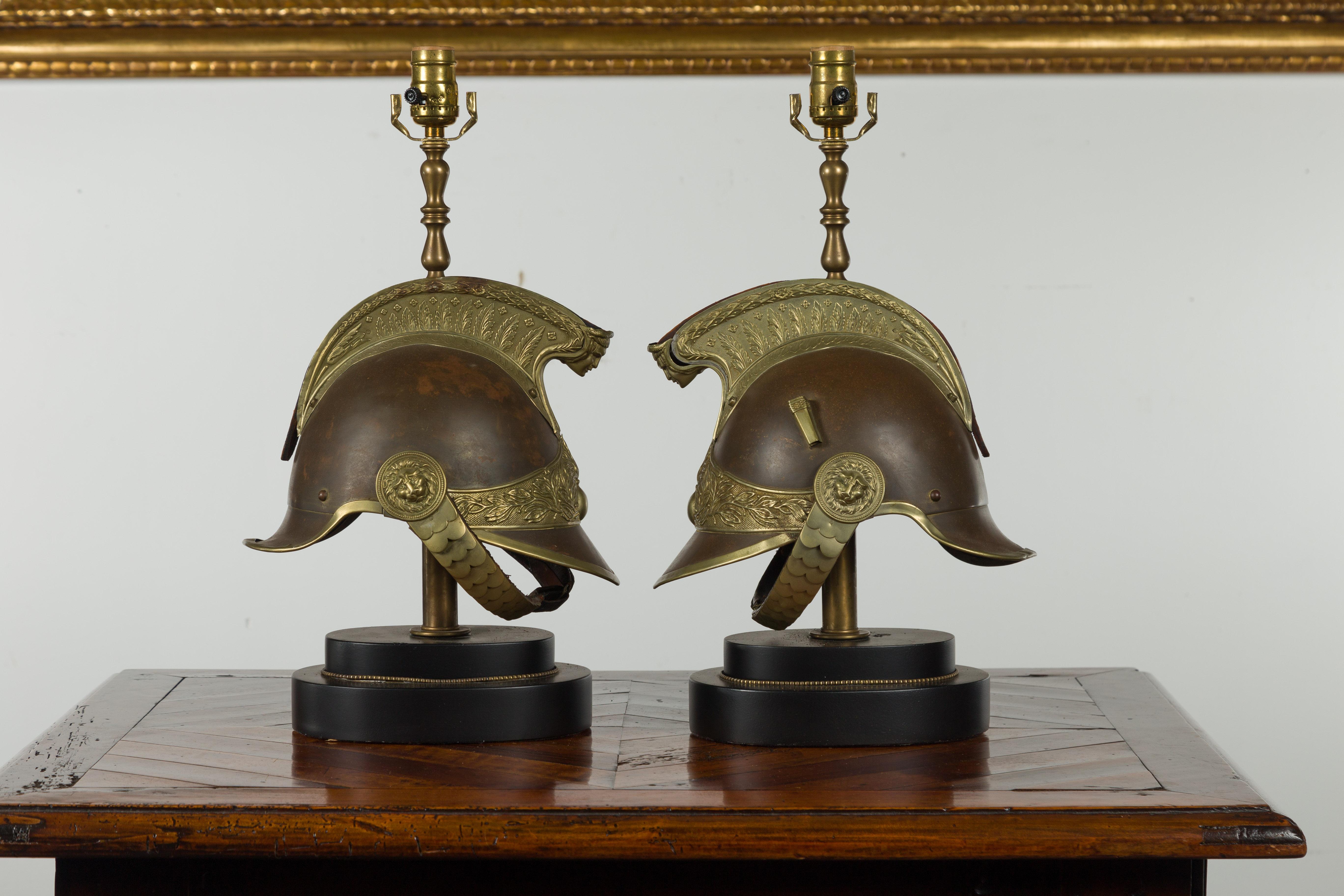 Pair of 1880s Brass Legionary Helmets Mounted as Table Lamps on Bases In Good Condition For Sale In Atlanta, GA