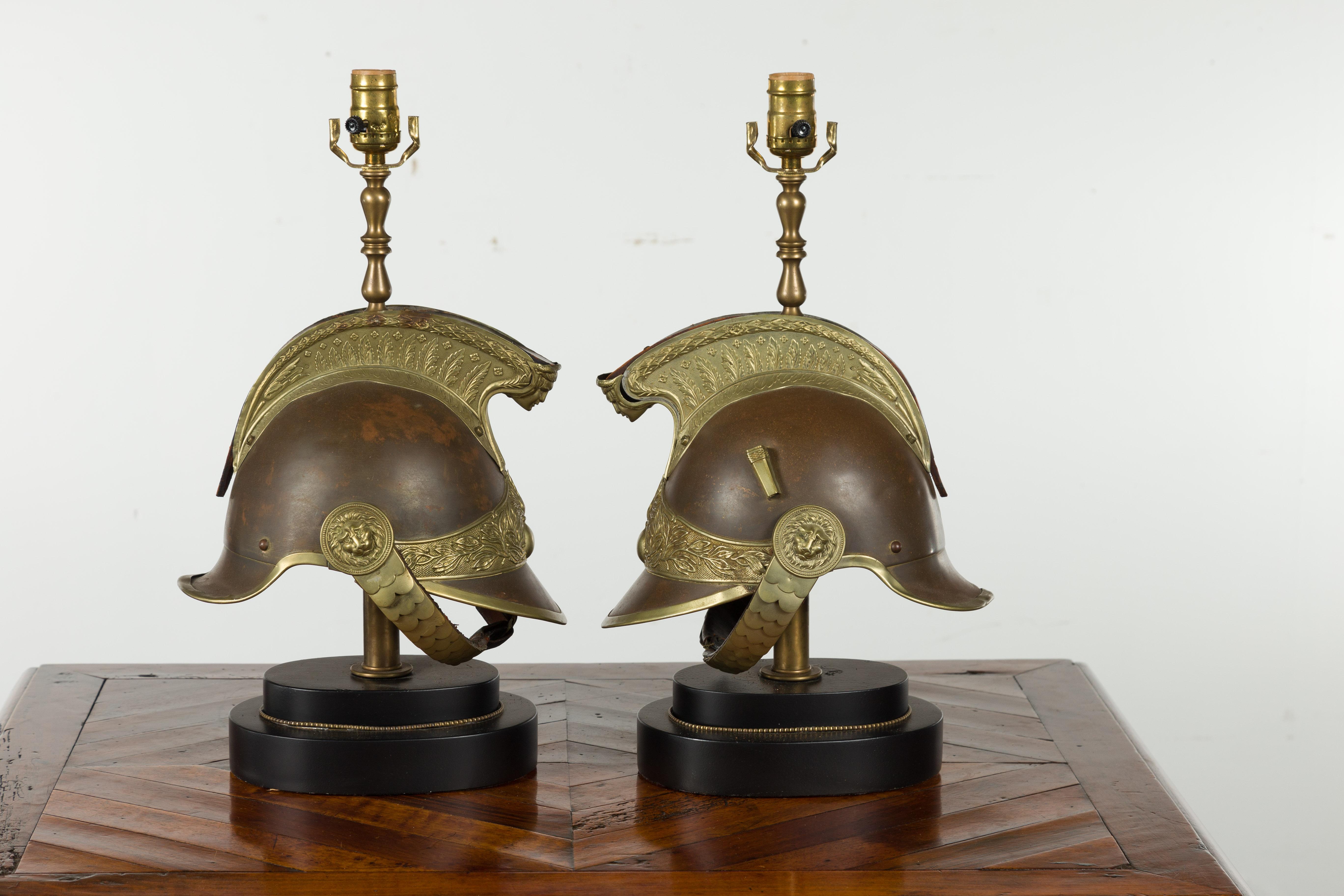 19th Century Pair of 1880s Brass Legionary Helmets Mounted as Table Lamps on Bases For Sale