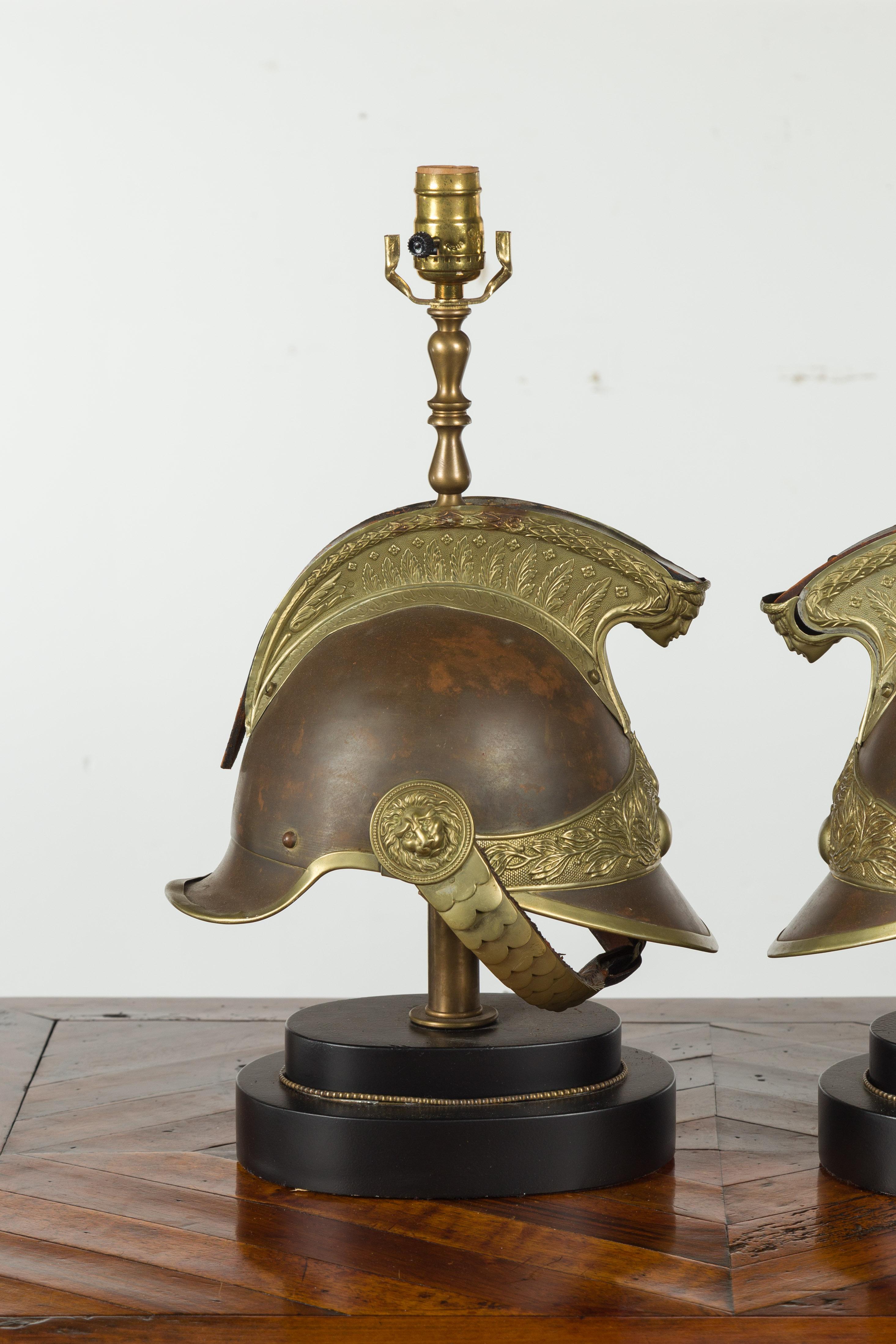 Pair of 1880s Brass Legionary Helmets Mounted as Table Lamps on Bases For Sale 1