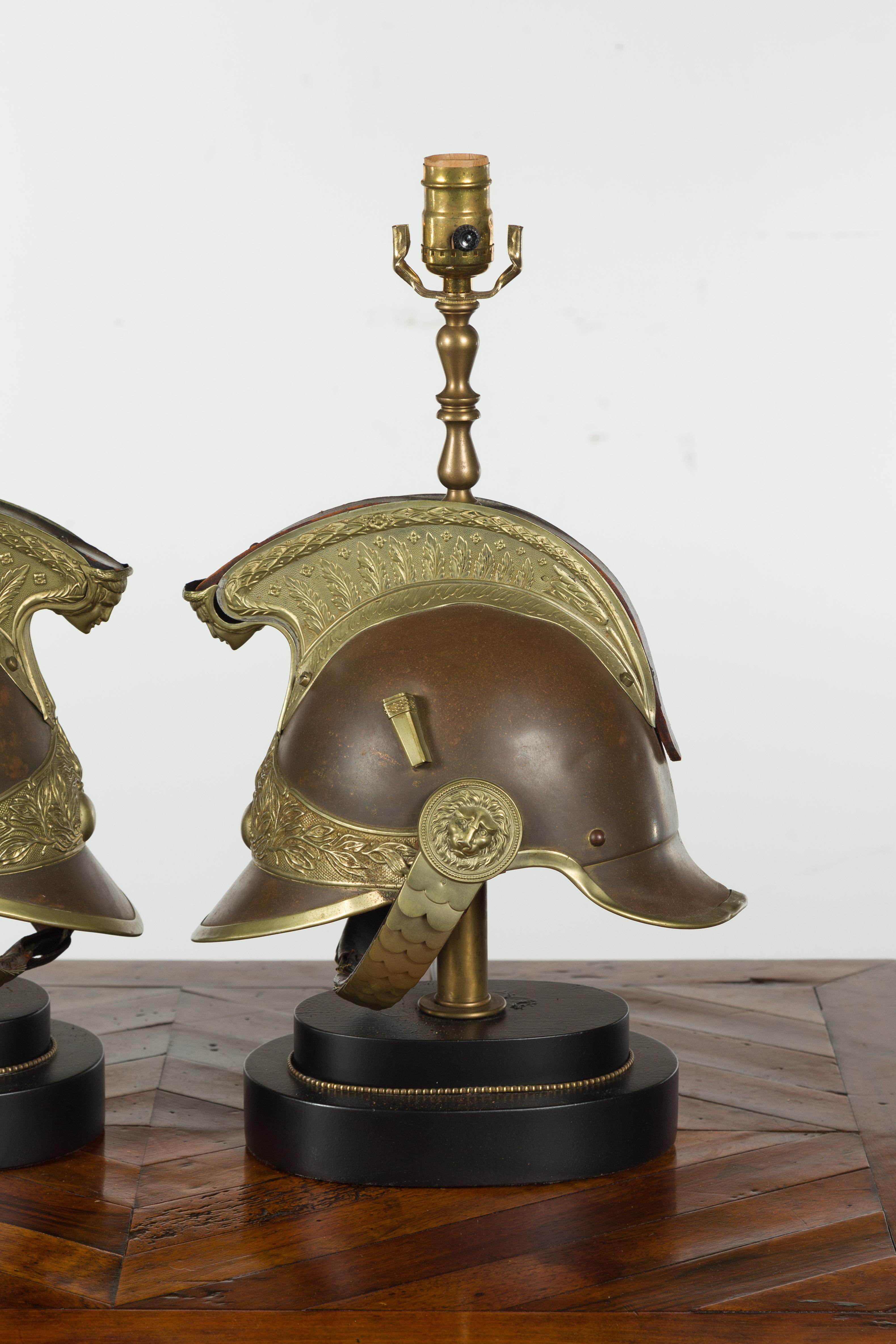 Pair of 1880s Brass Legionary Helmets Mounted as Table Lamps on Bases For Sale 2