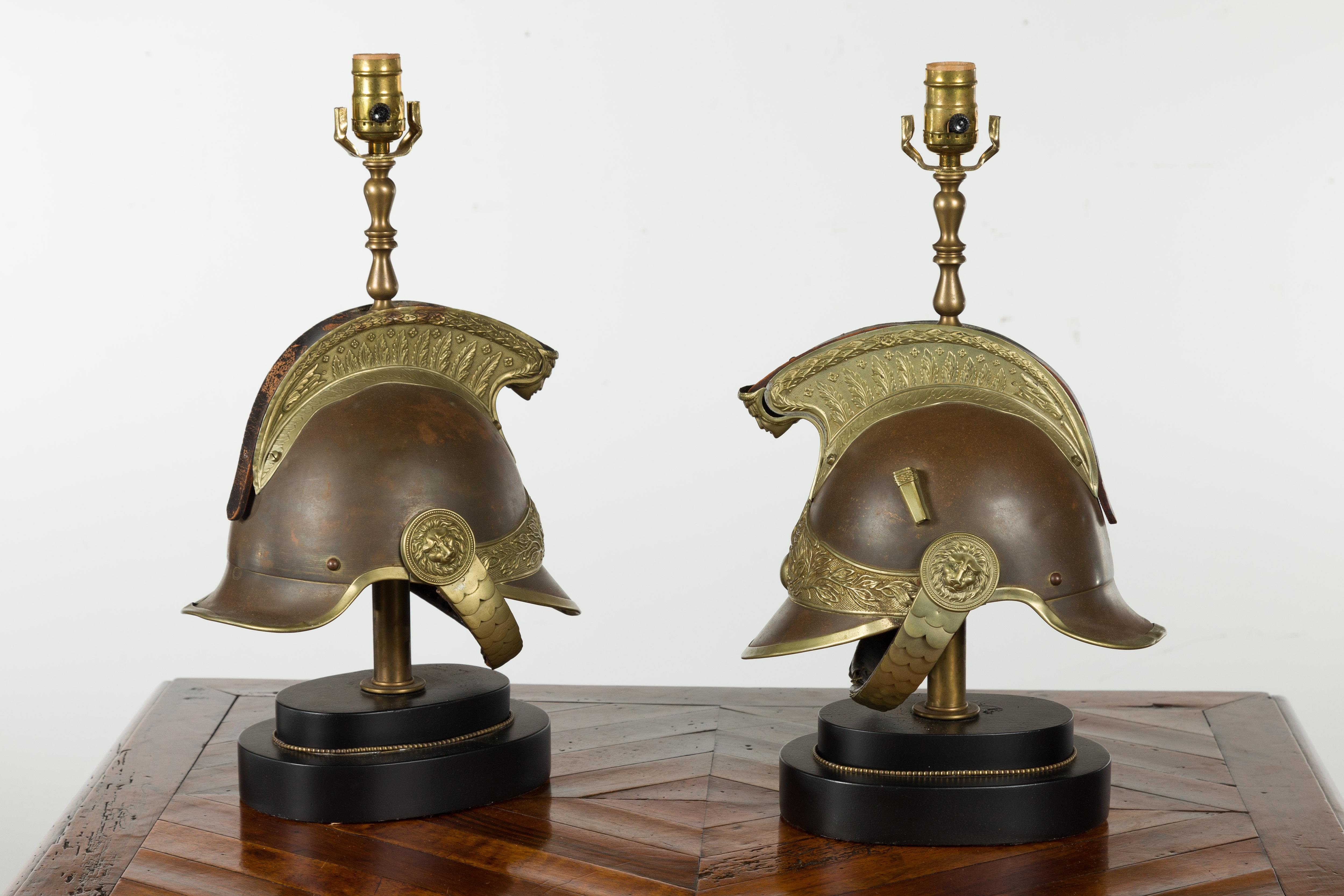 Pair of 1880s Brass Legionary Helmets Mounted as Table Lamps on Bases For Sale 3