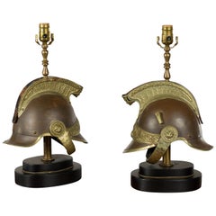 Antique Pair of 1880s Brass Legionary Helmets Mounted as Table Lamps on Bases