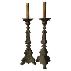 Pair of 1880s Bronze Church Candlestick  Lamps
