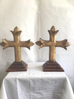 Pair of 1880s Carved Gilt Crosses On A Wood Step Base
