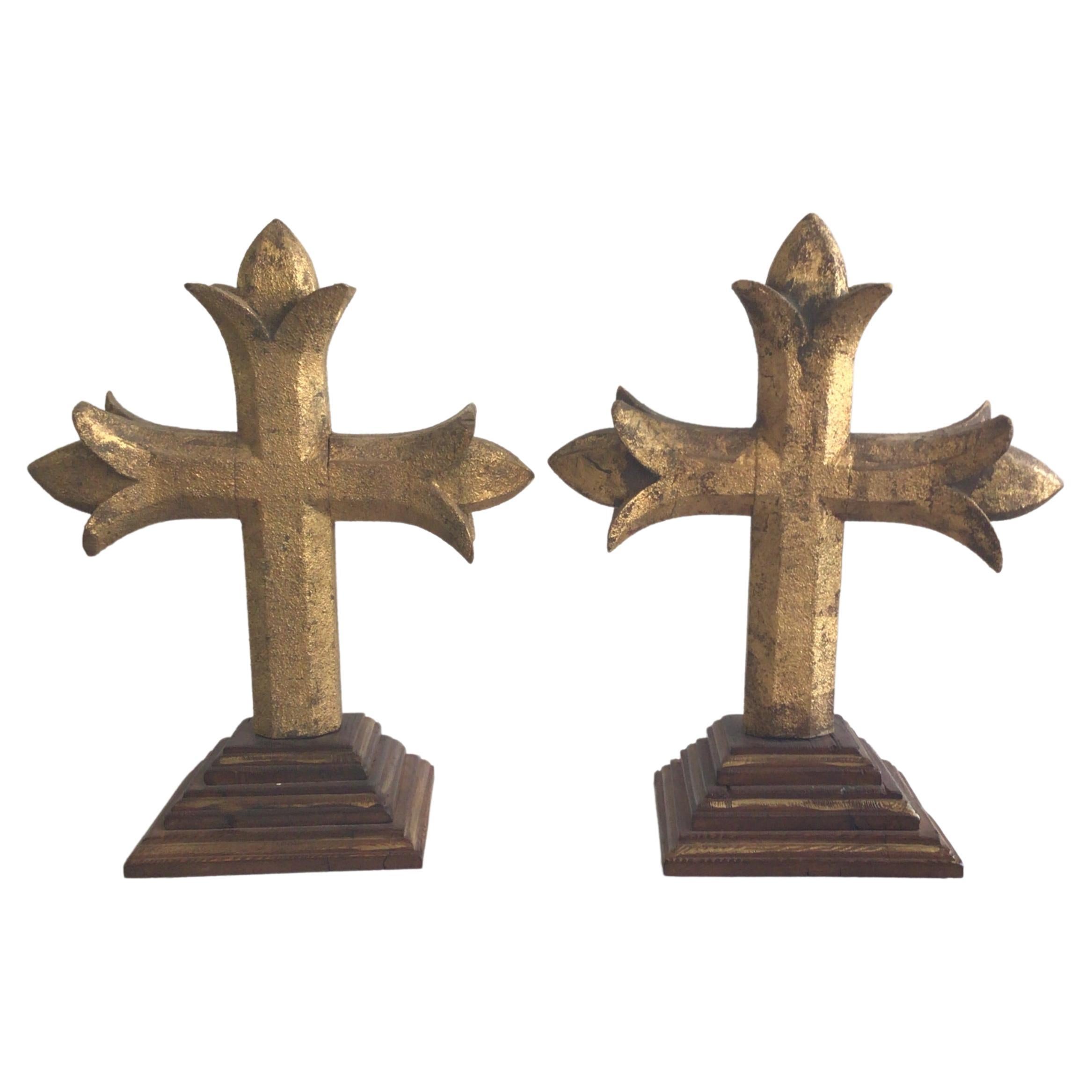 Pair of 1880s Carved Gilt Crosses On A Wood Step Base For Sale