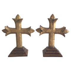 Antique Pair of 1880s Carved Gilt Crosses On A Wood Step Base