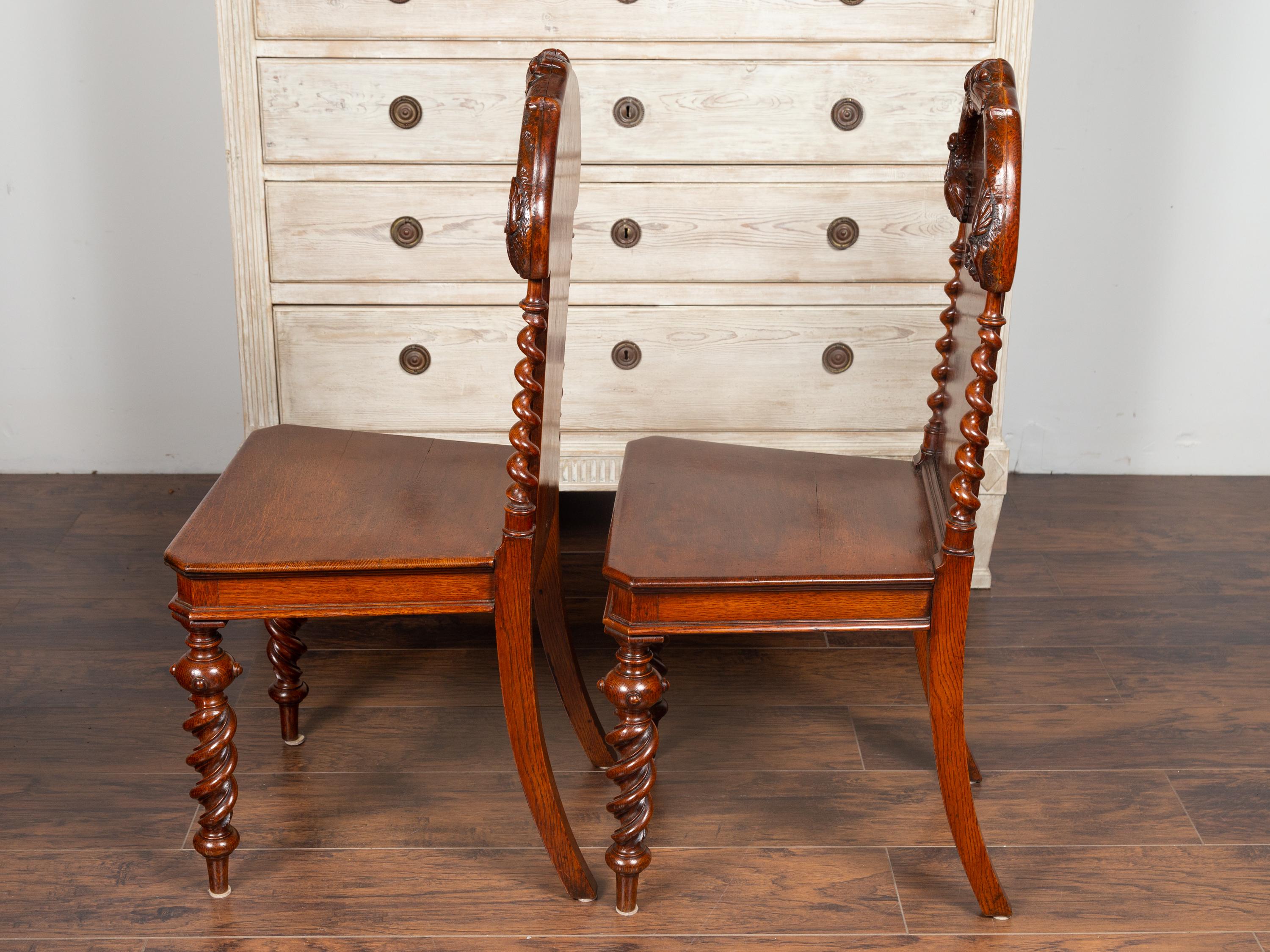 Pair of 1880s English Barley Twist Oak Hall Chairs with Foliage and Acorn Motifs 7