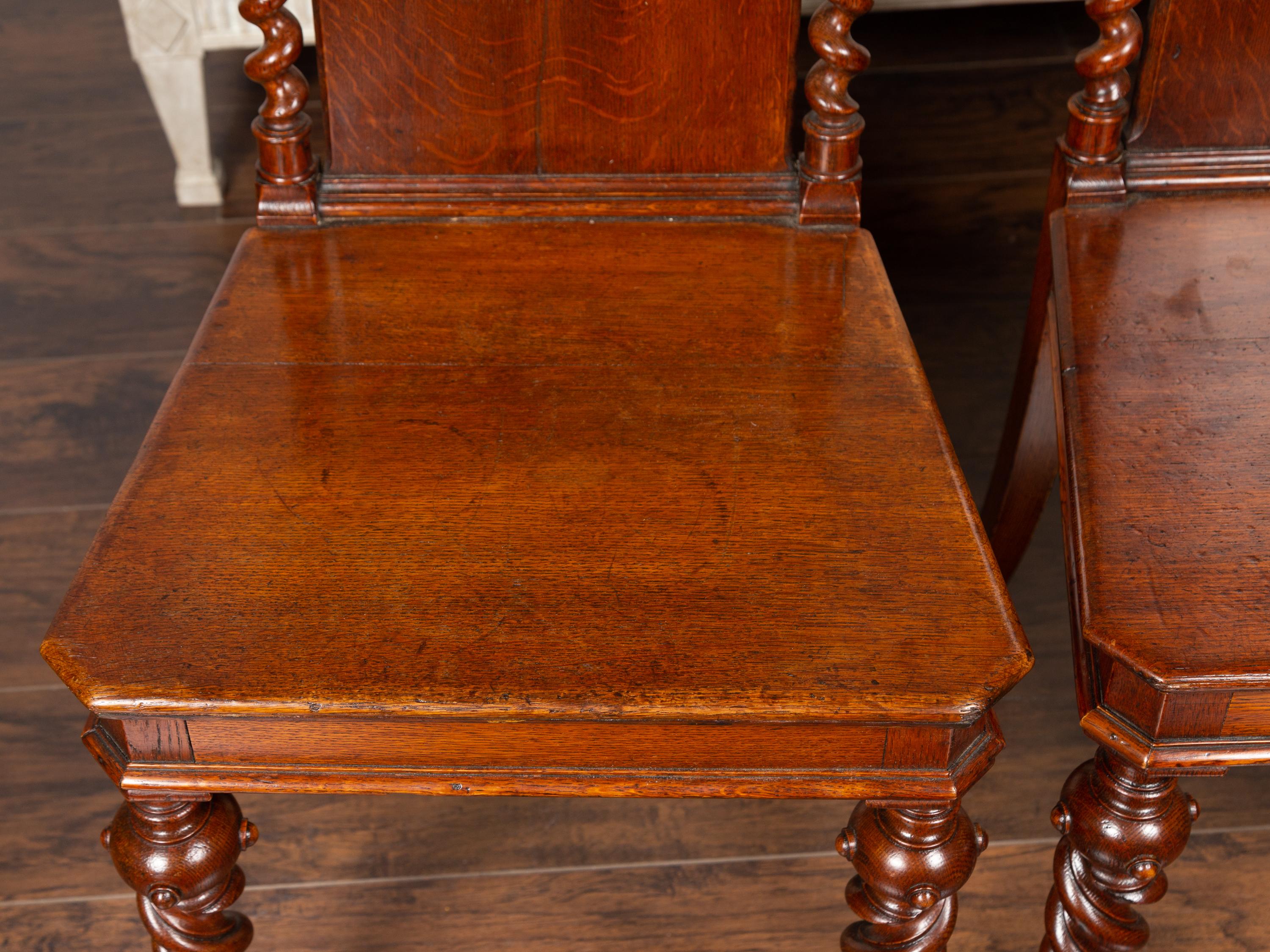 Pair of 1880s English Barley Twist Oak Hall Chairs with Foliage and Acorn Motifs 9