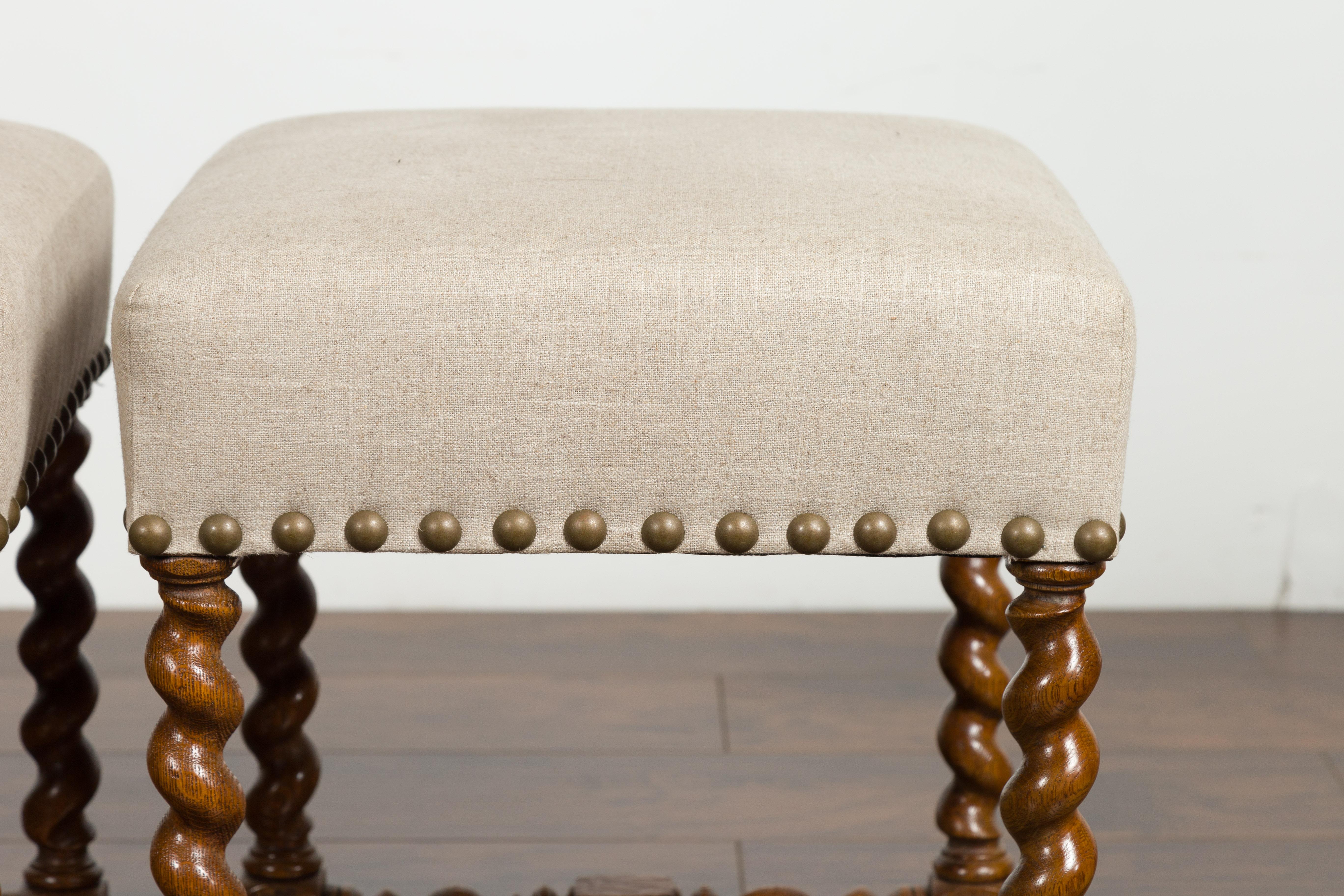 Pair of 1880s English Oak Barley Twist Stools with Stretchers and New Upholstery 5