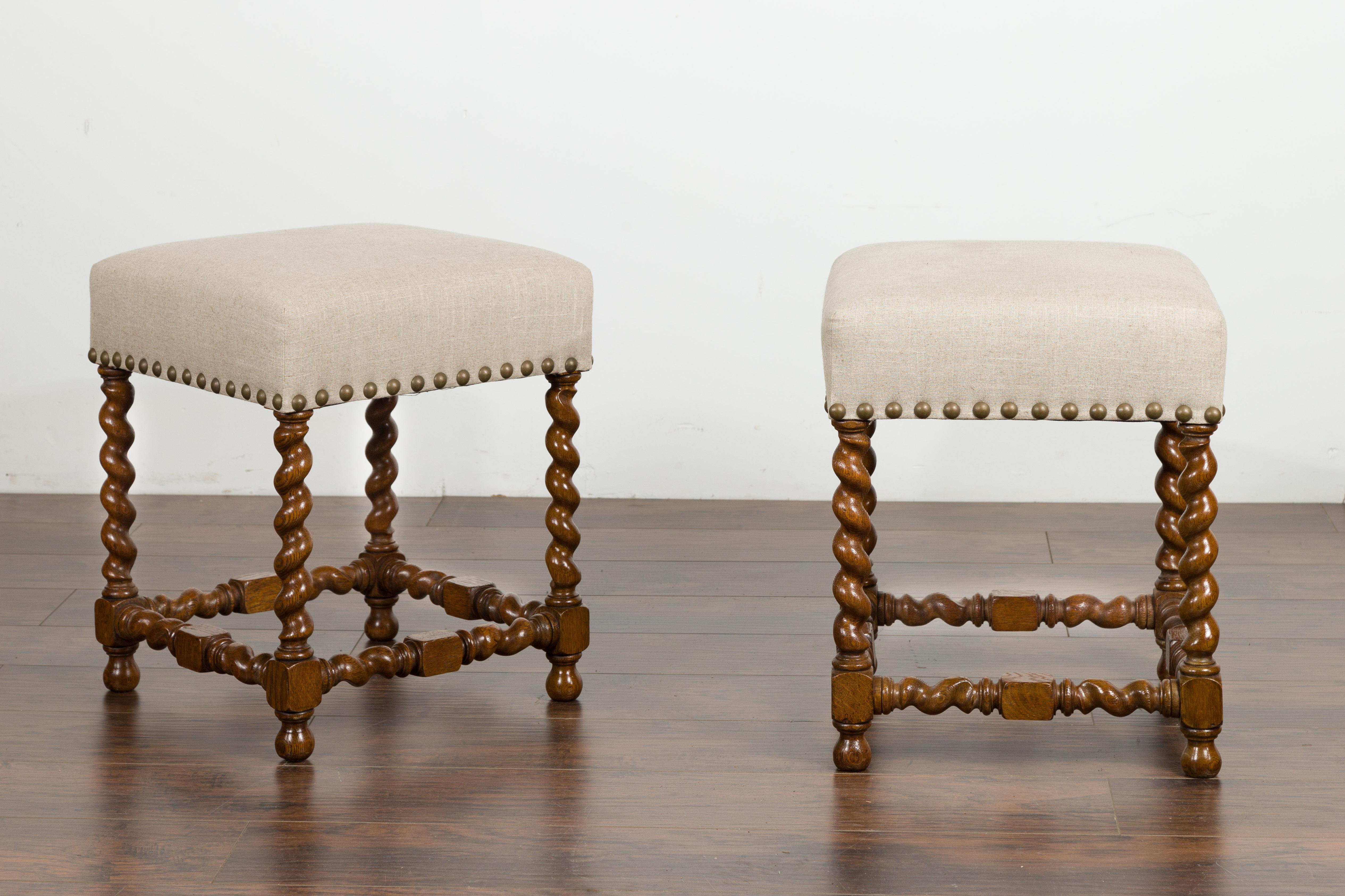 Pair of 1880s English Oak Barley Twist Stools with Stretchers and New Upholstery For Sale 7