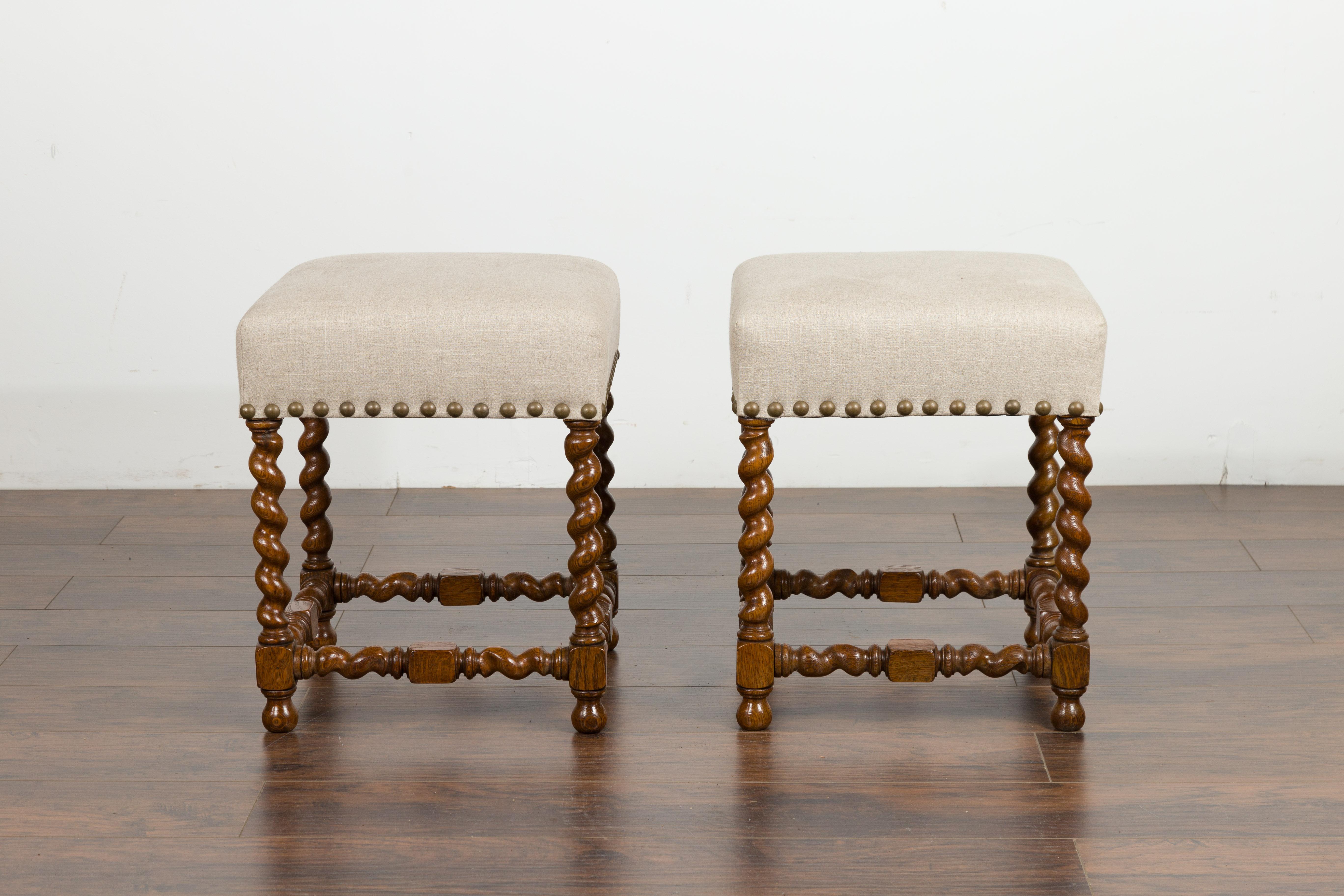 Pair of 1880s English Oak Barley Twist Stools with Stretchers and New Upholstery For Sale 8