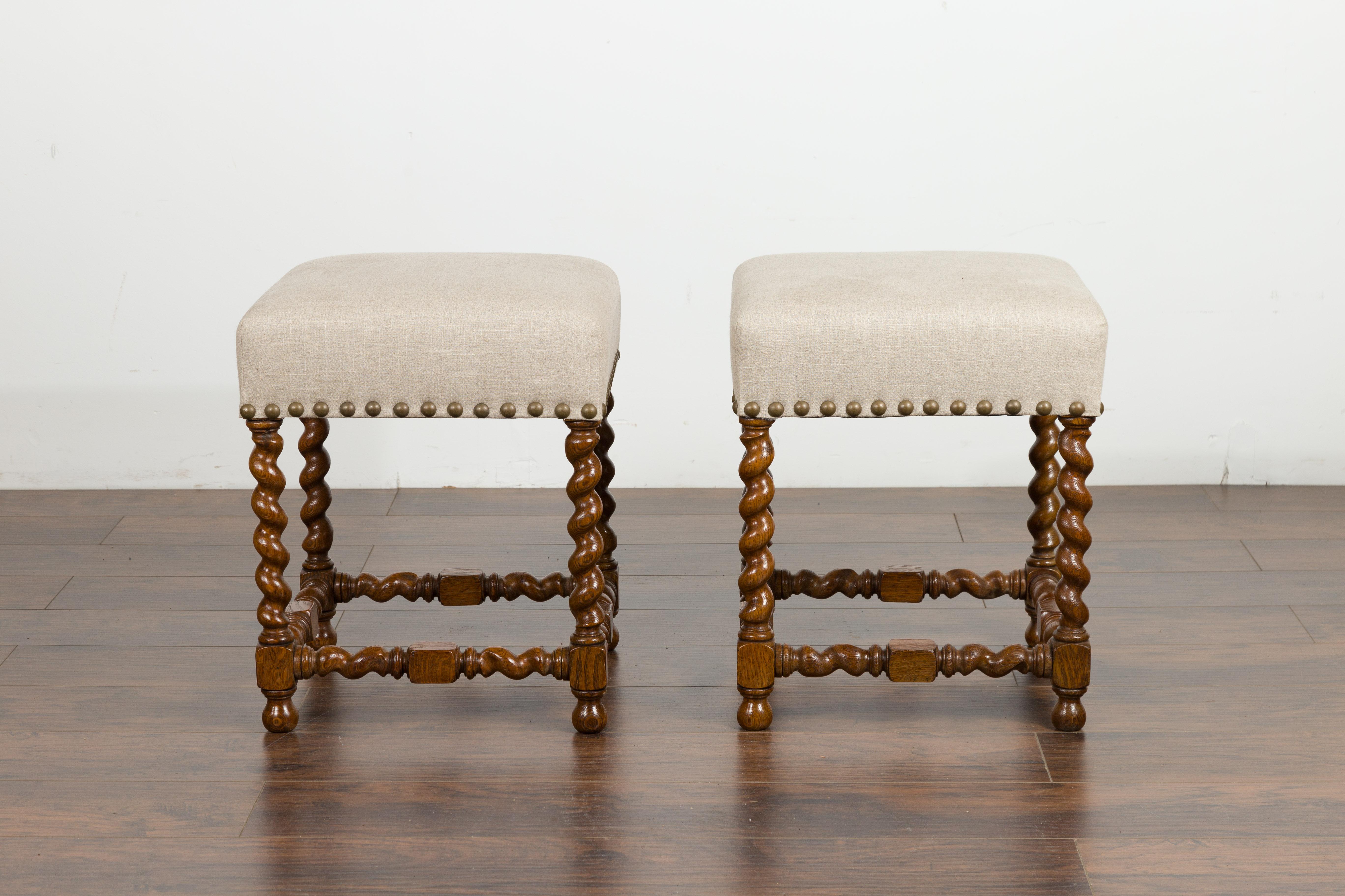 Pair of 1880s English Oak Barley Twist Stools with Stretchers and New Upholstery 8