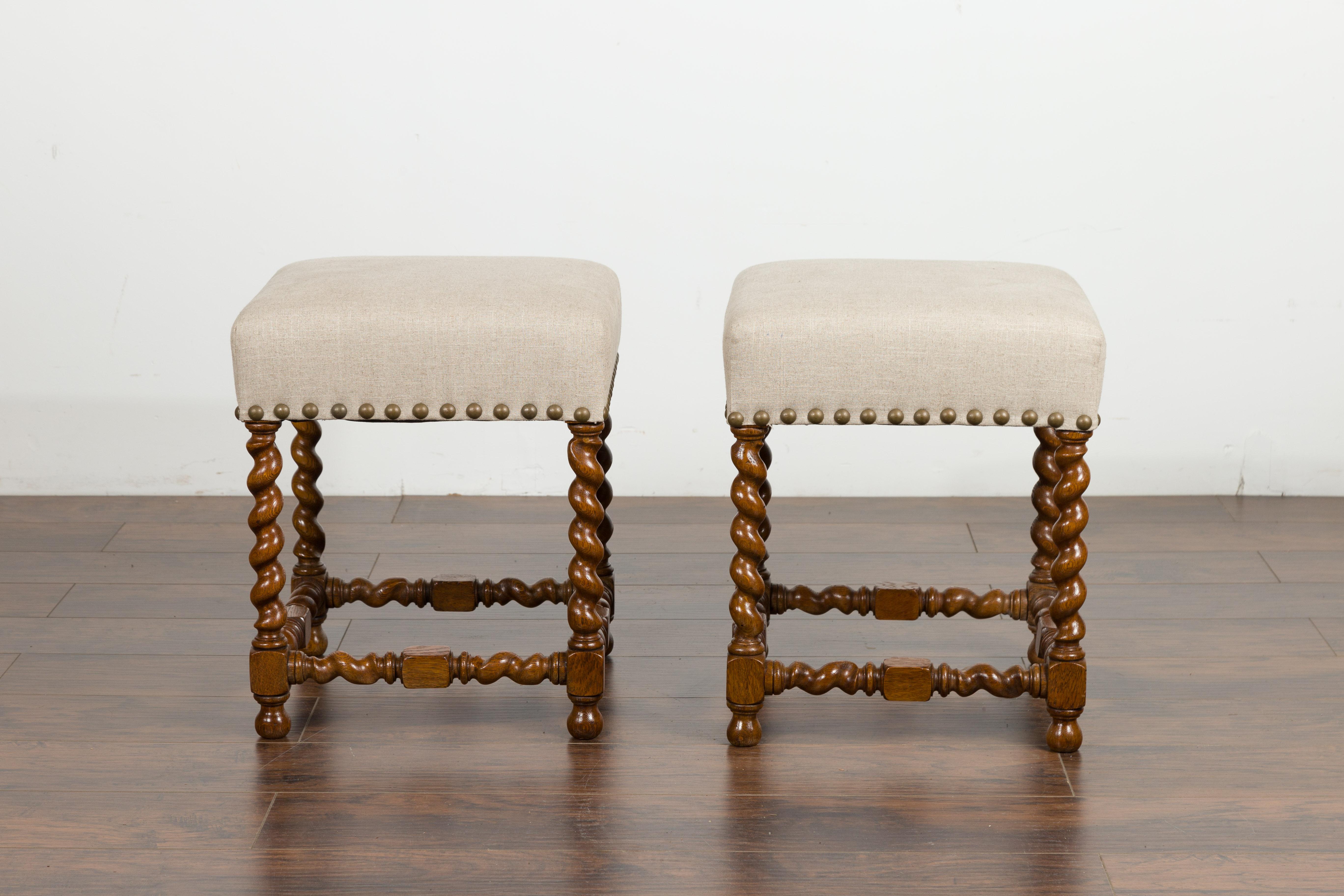 Pair of 1880s English Oak Barley Twist Stools with Stretchers and New Upholstery For Sale 9