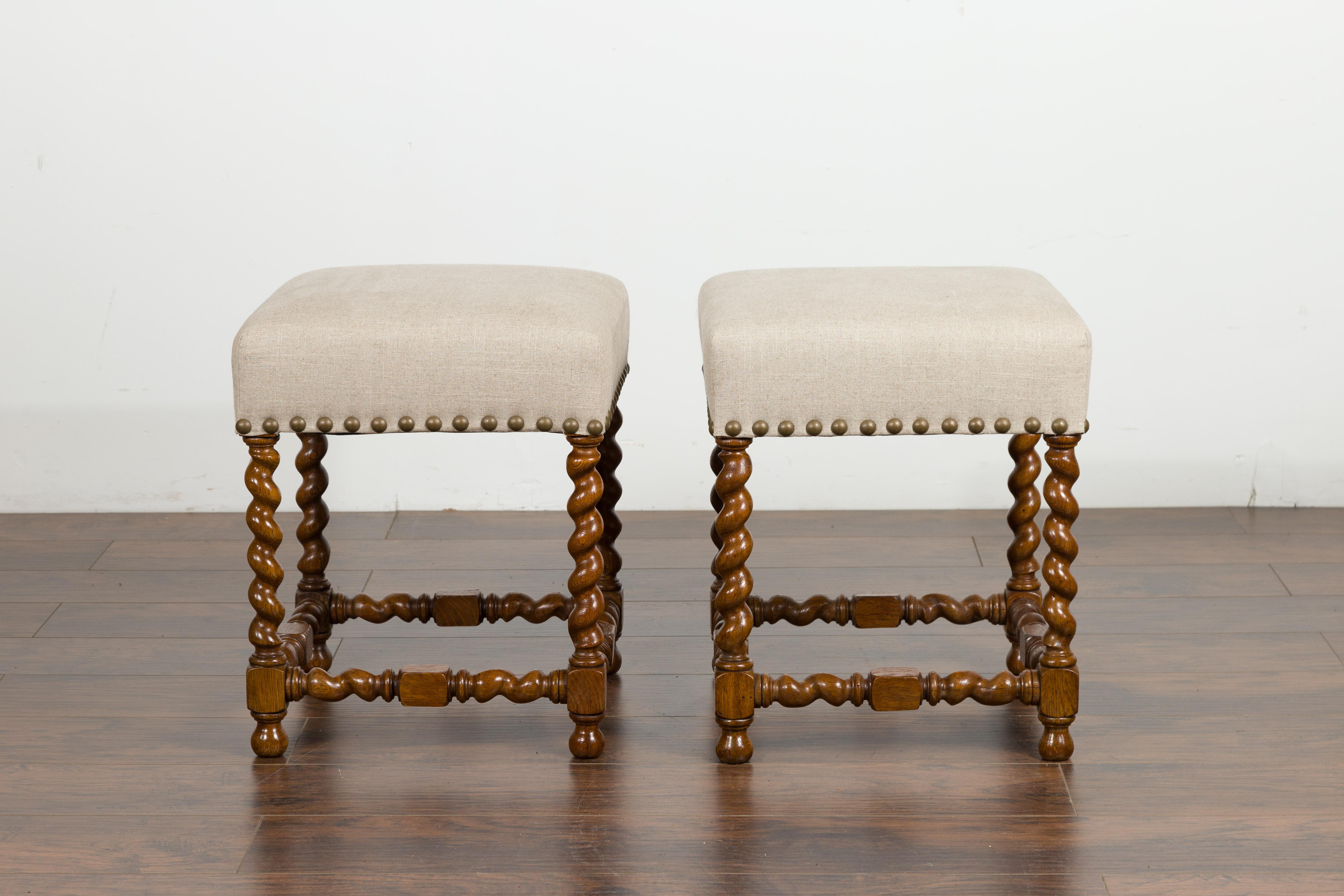 Pair of 1880s English Oak Barley Twist Stools with Stretchers and New Upholstery For Sale 10