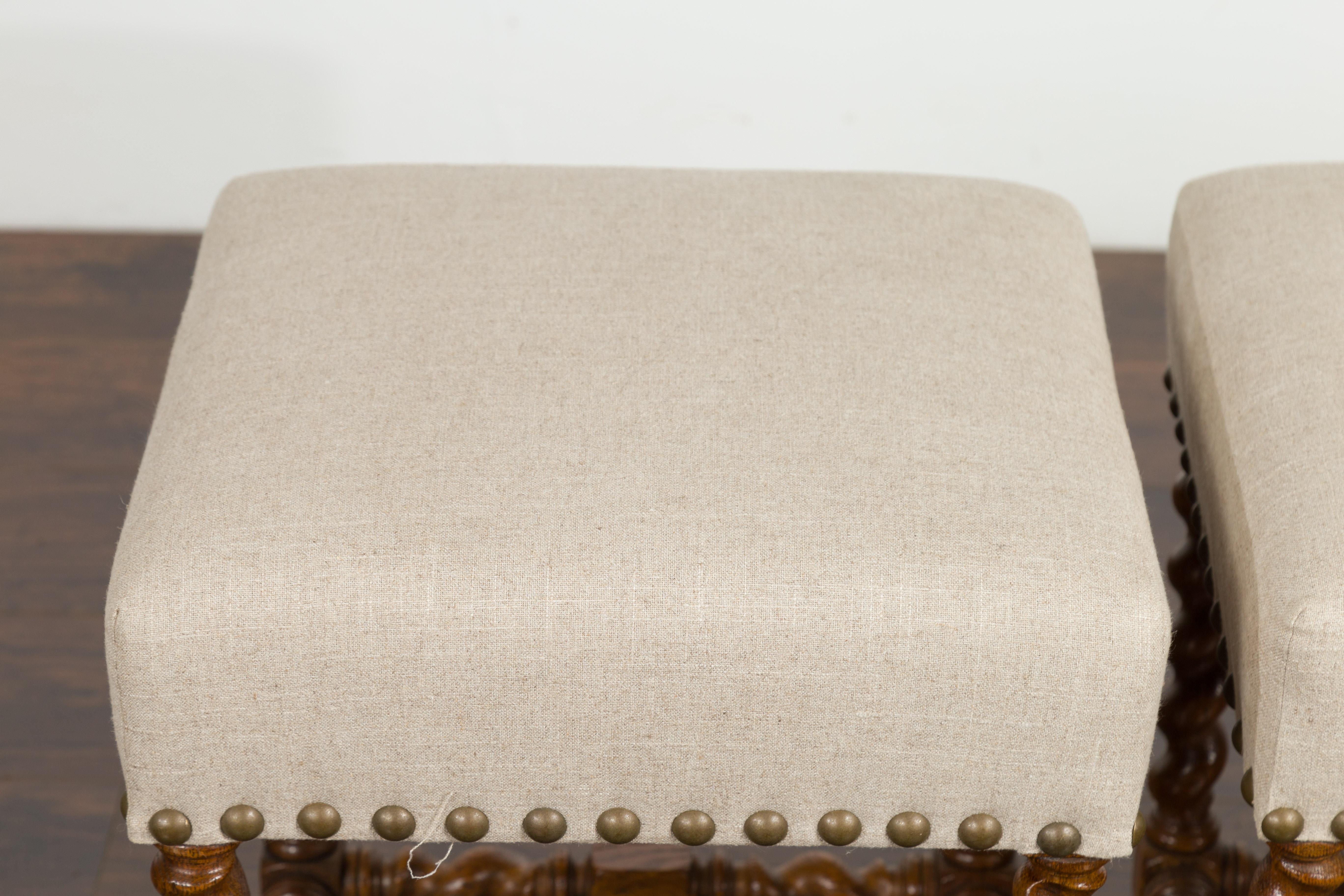 Pair of 1880s English Oak Barley Twist Stools with Stretchers and New Upholstery In Good Condition In Atlanta, GA
