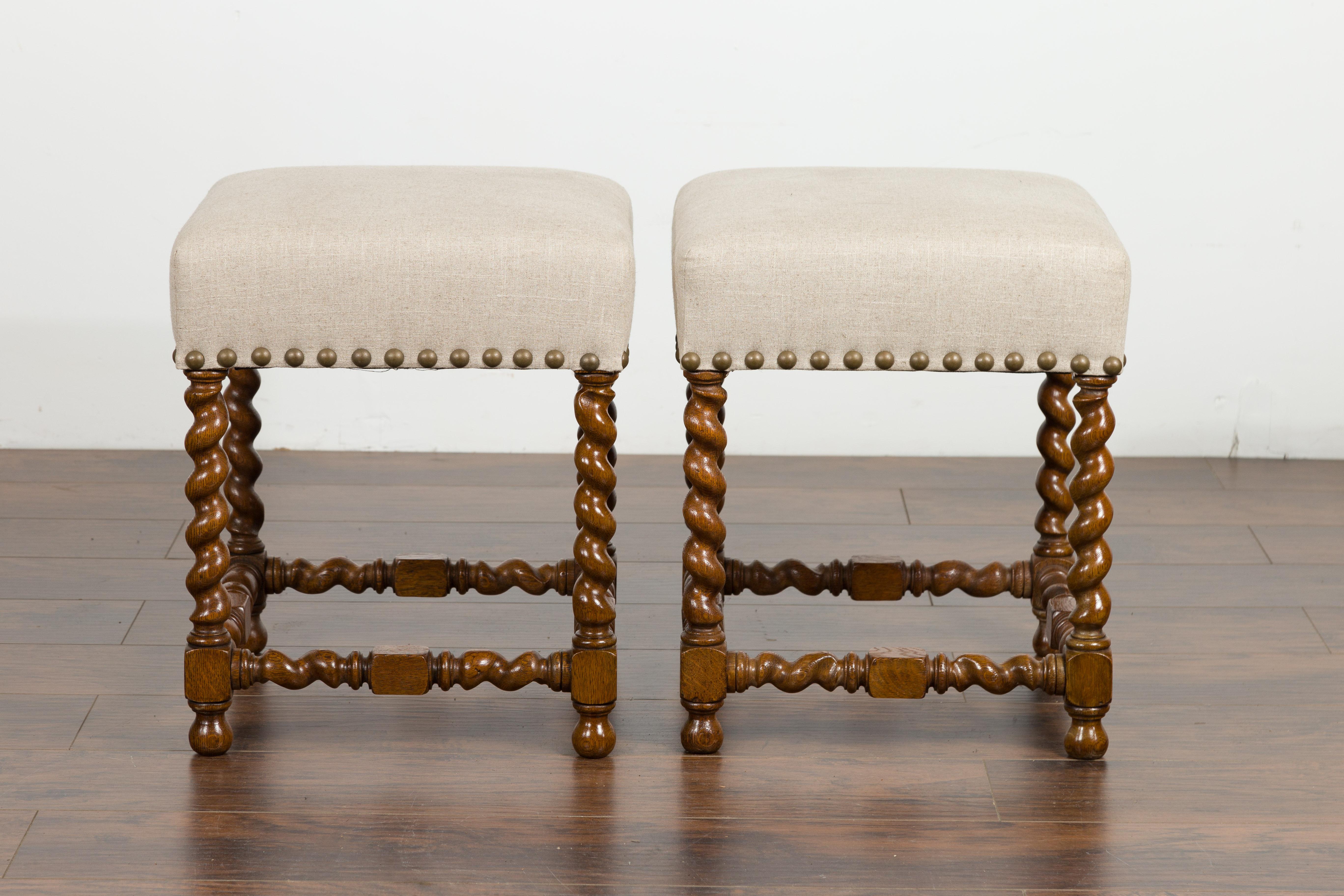 Pair of 1880s English Oak Barley Twist Stools with Stretchers and New Upholstery For Sale 1