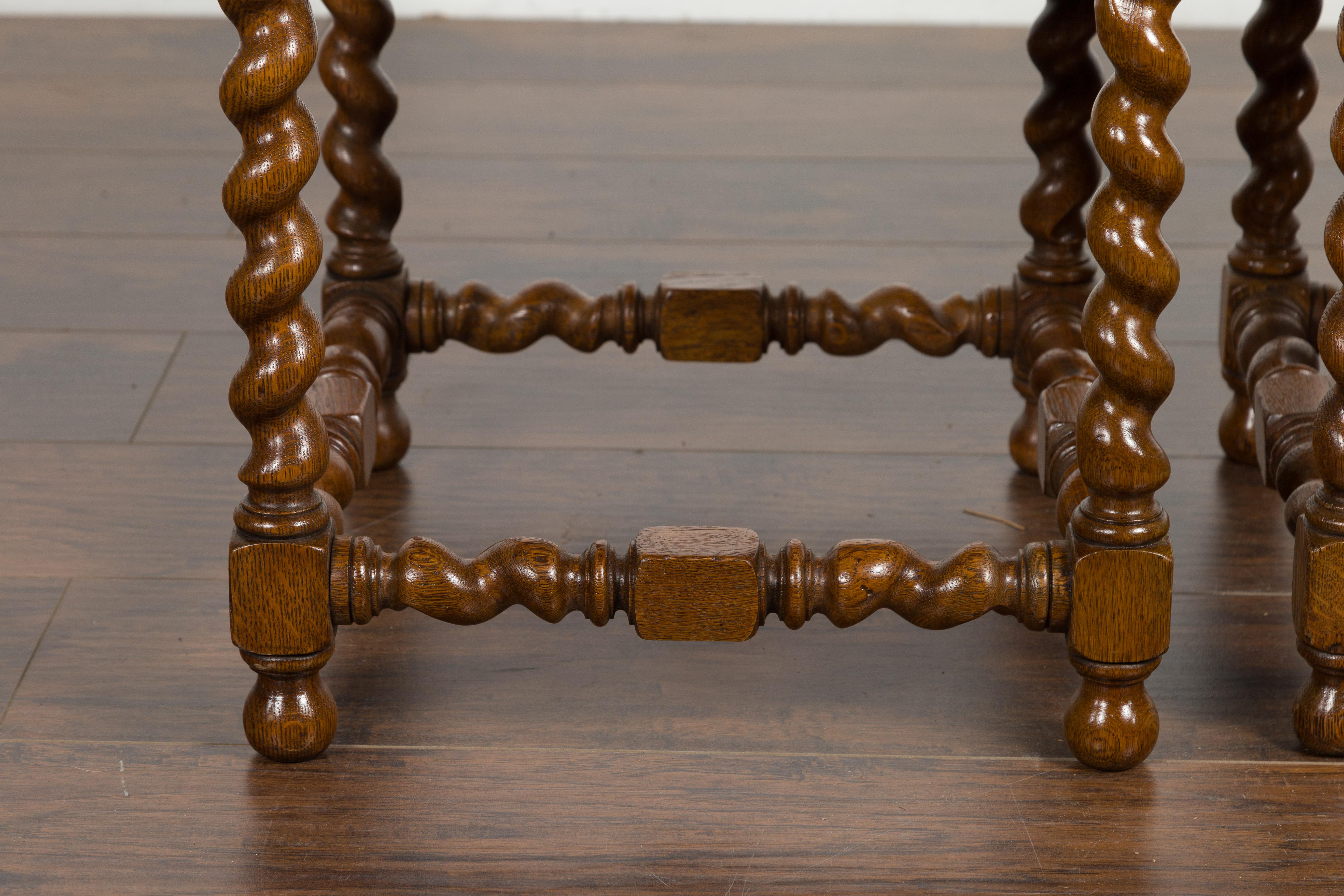 Pair of 1880s English Oak Barley Twist Stools with Stretchers and New Upholstery For Sale 3