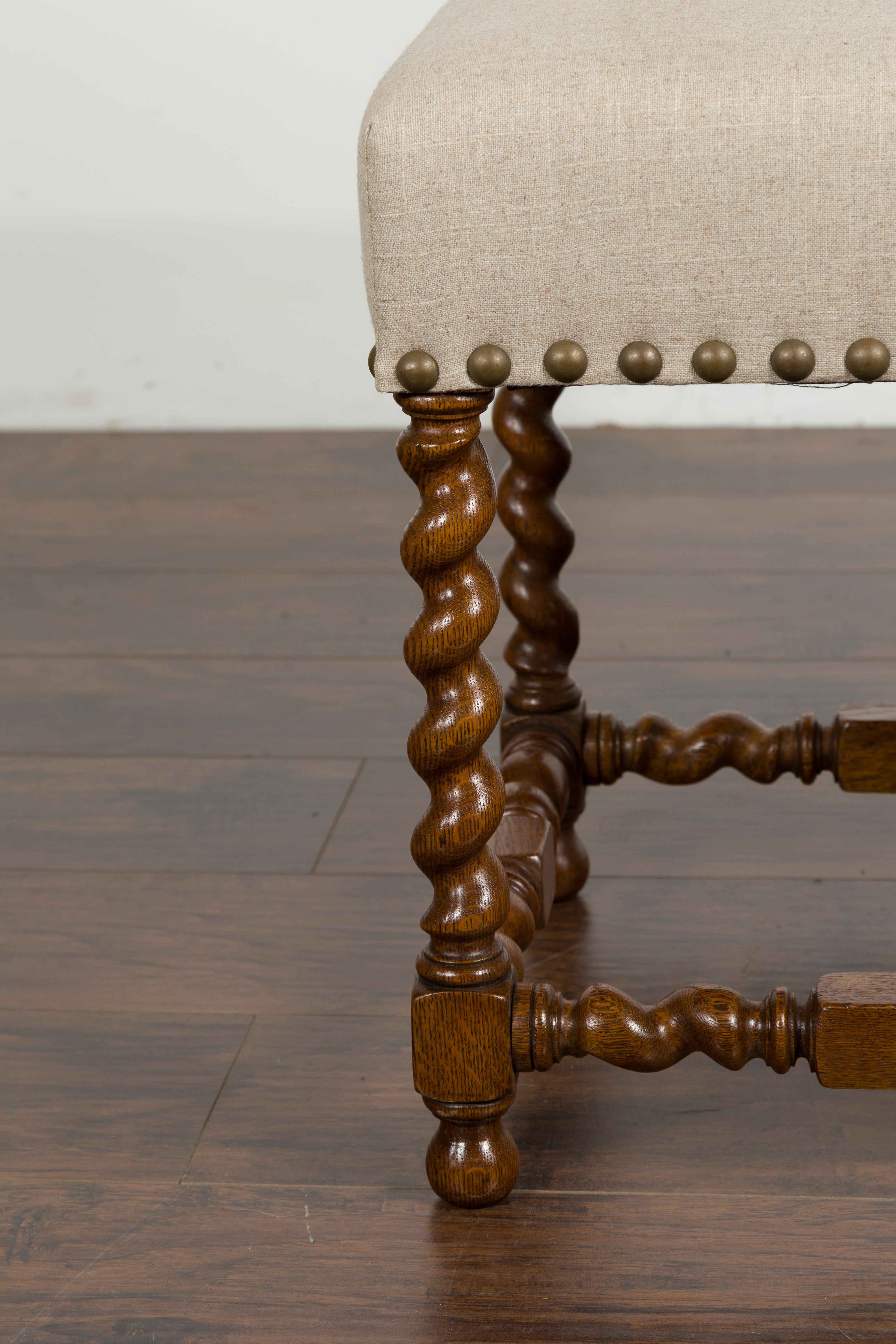 Pair of 1880s English Oak Barley Twist Stools with Stretchers and New Upholstery For Sale 4