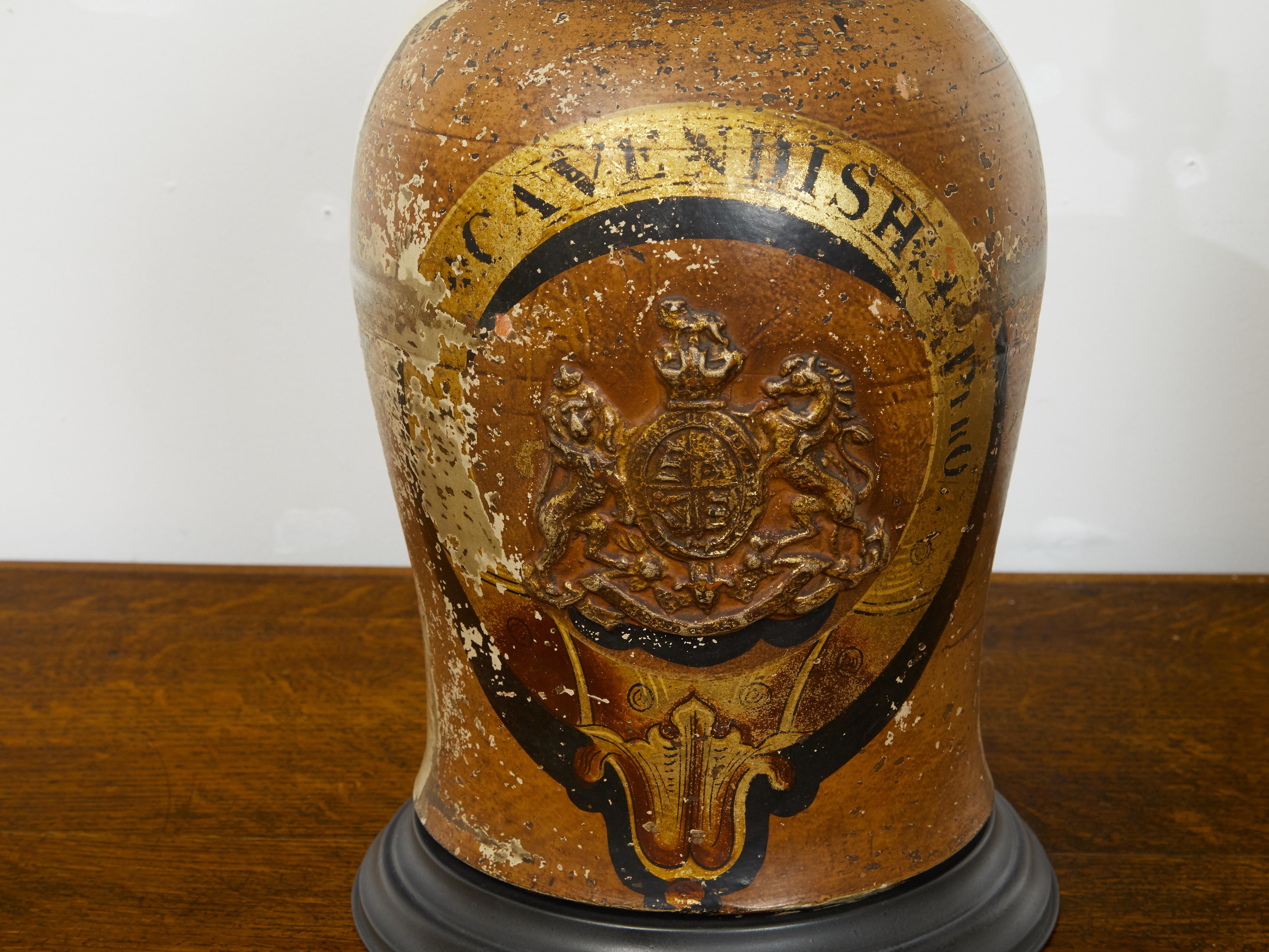 Pair of 1880s English Stoneware with Coat of Arms Made into Wired Table Lamps In Good Condition For Sale In Atlanta, GA