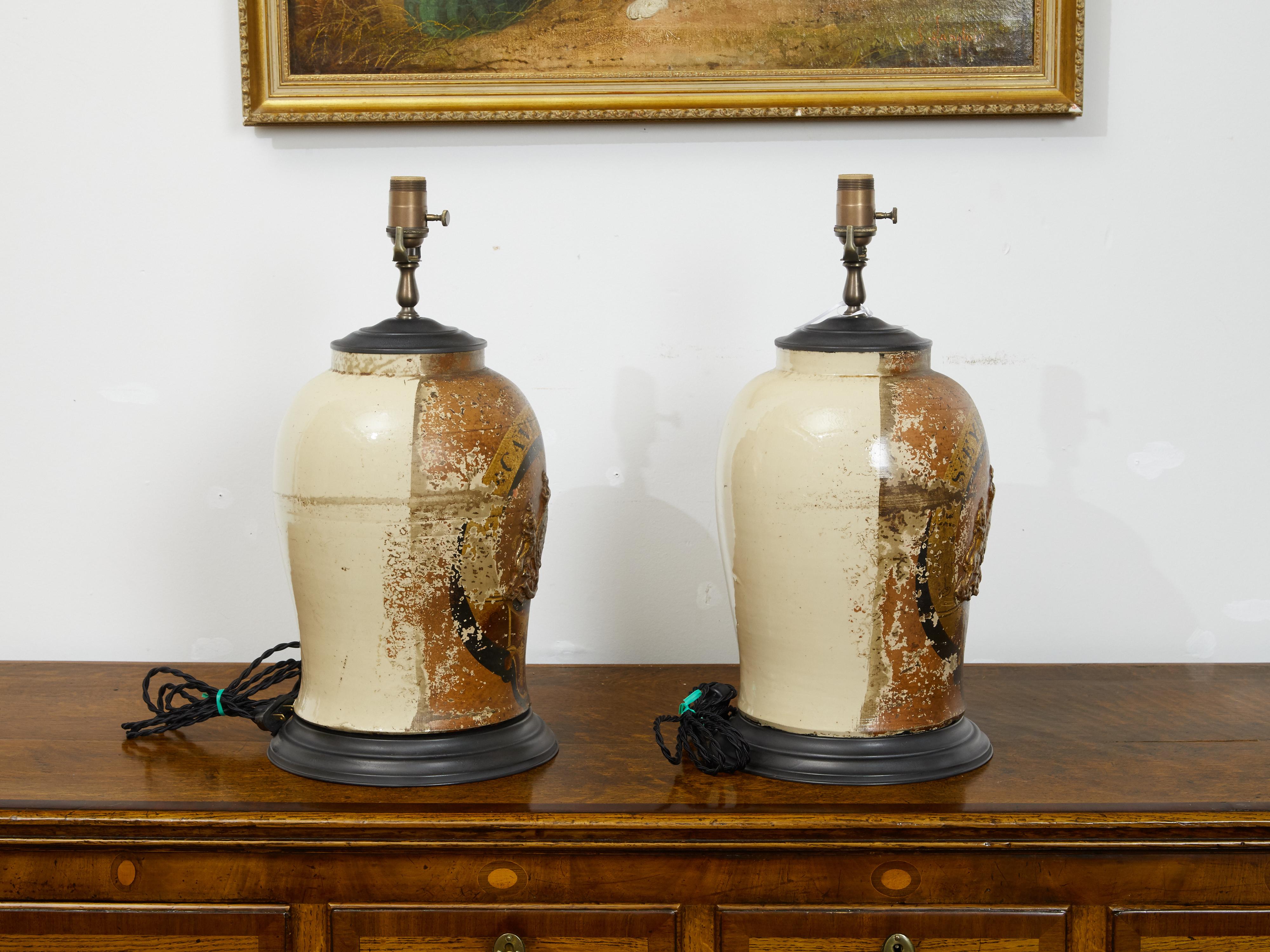 19th Century Pair of 1880s English Stoneware with Coat of Arms Made into Wired Table Lamps For Sale