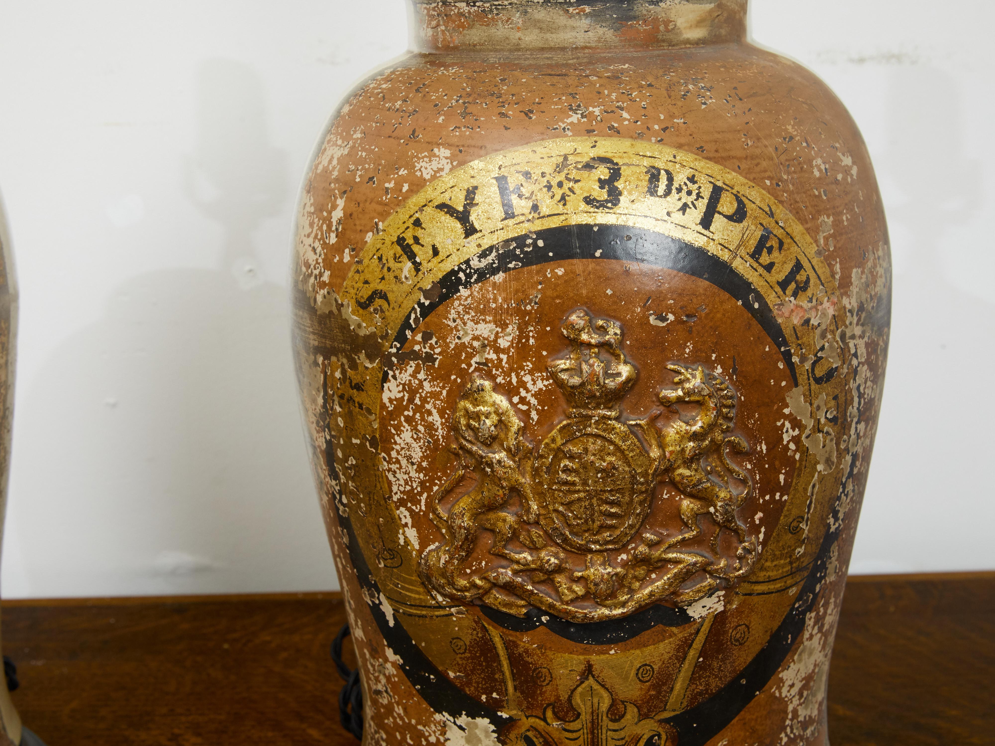 Pair of 1880s English Stoneware with Coat of Arms Made into Wired Table Lamps For Sale 3