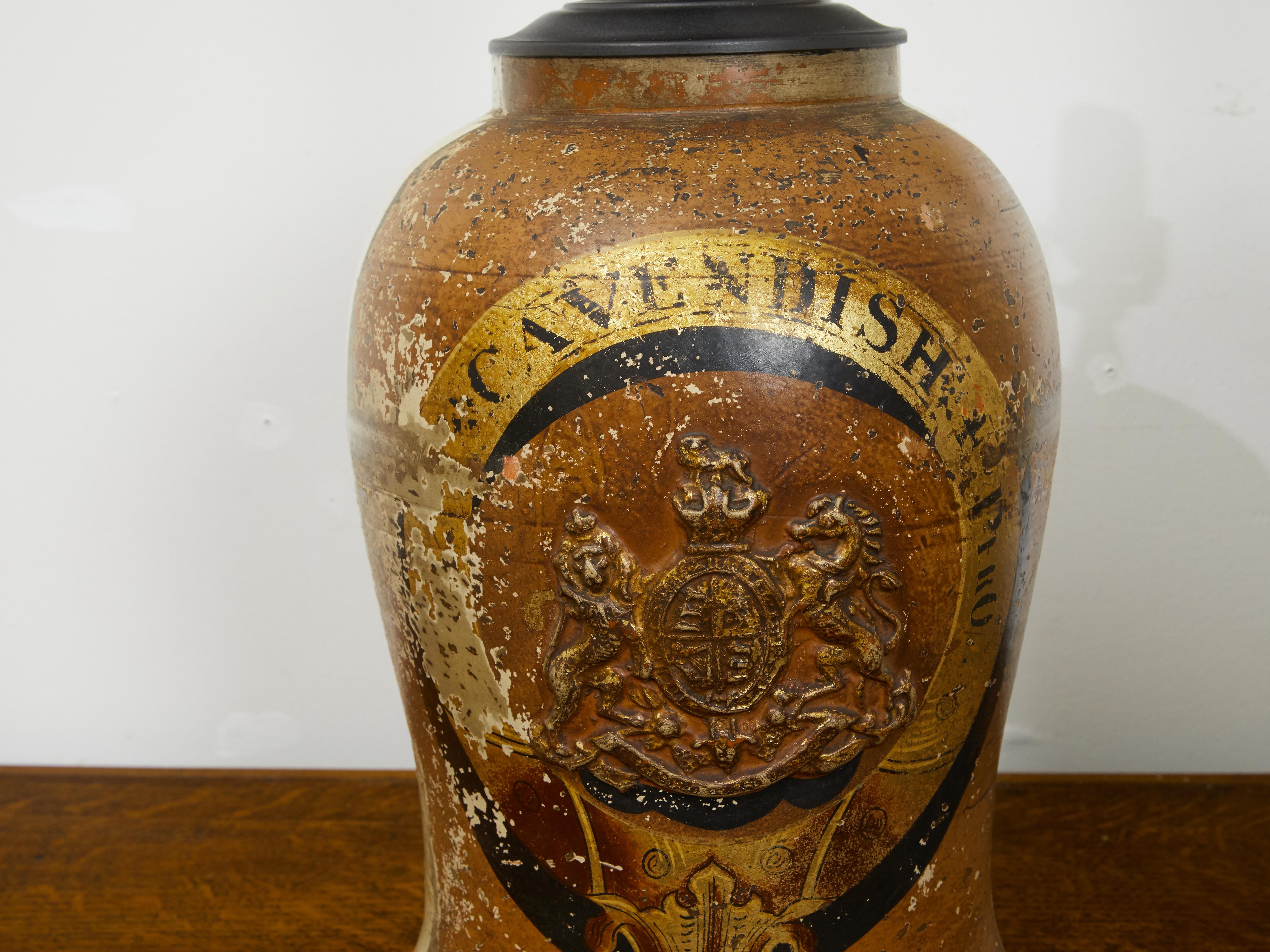 Pair of 1880s English Stoneware with Coat of Arms Made into Wired Table Lamps For Sale 4