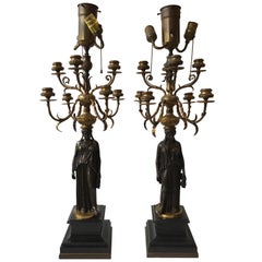 Pair of 1880s French Bronze Candelabra Lamps by Ferdinand Barbedienne