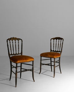 Pair Of 1880s French Napoleon III Chiavari Chairs In Ebonized Wood & Upholstery