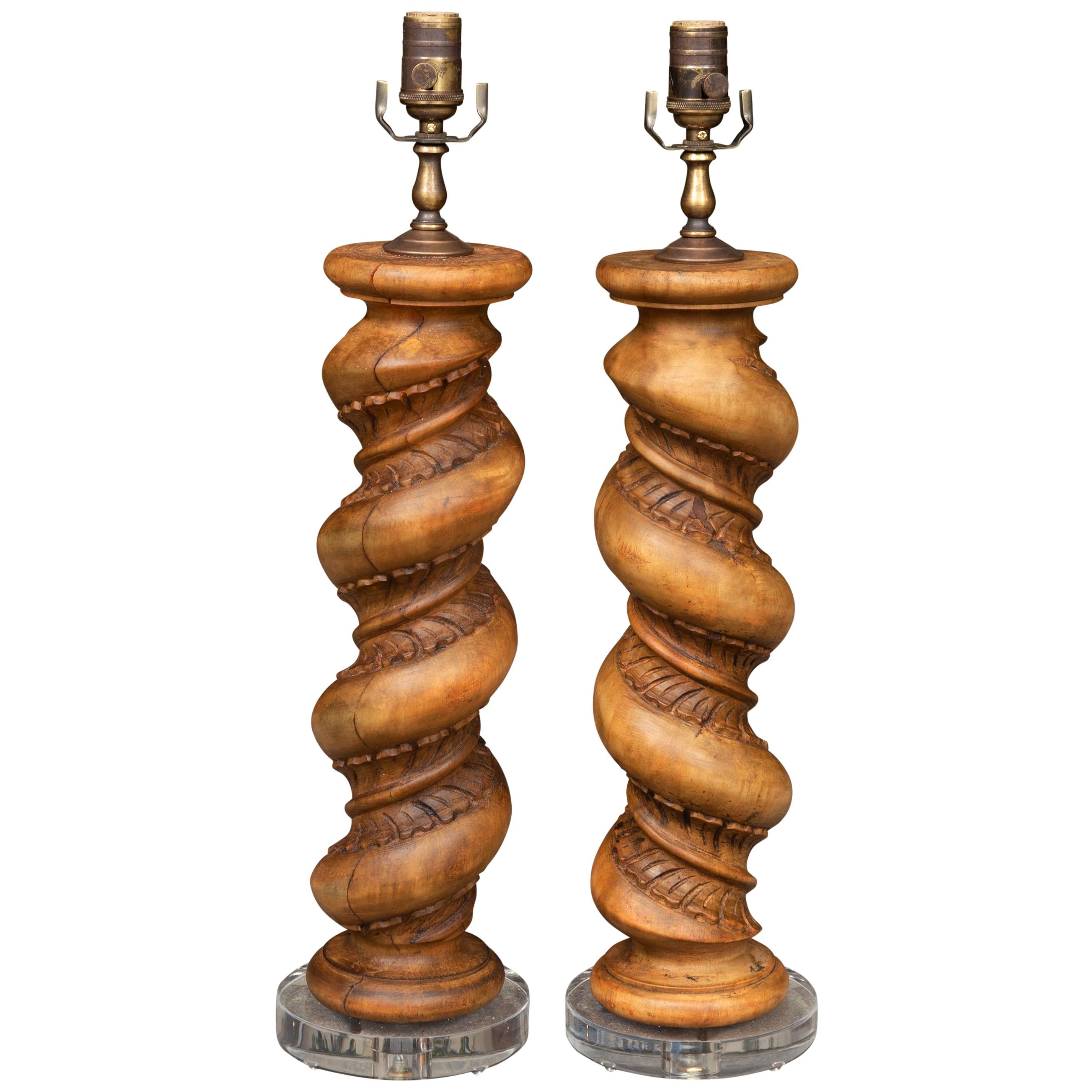 Pair of 1880s Italian Baroque Style Solomonic Columns Made into Table Lamps