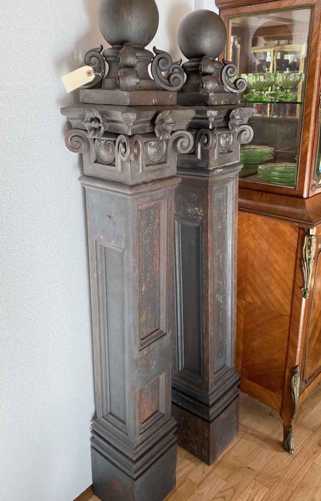 Victorian Pair of 1880s Ornate Cast Iron Newel Posts from Brooklyn, NY; Qty Available