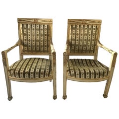 Antique Pair of 1880s Painted French Directoire Armchairs
