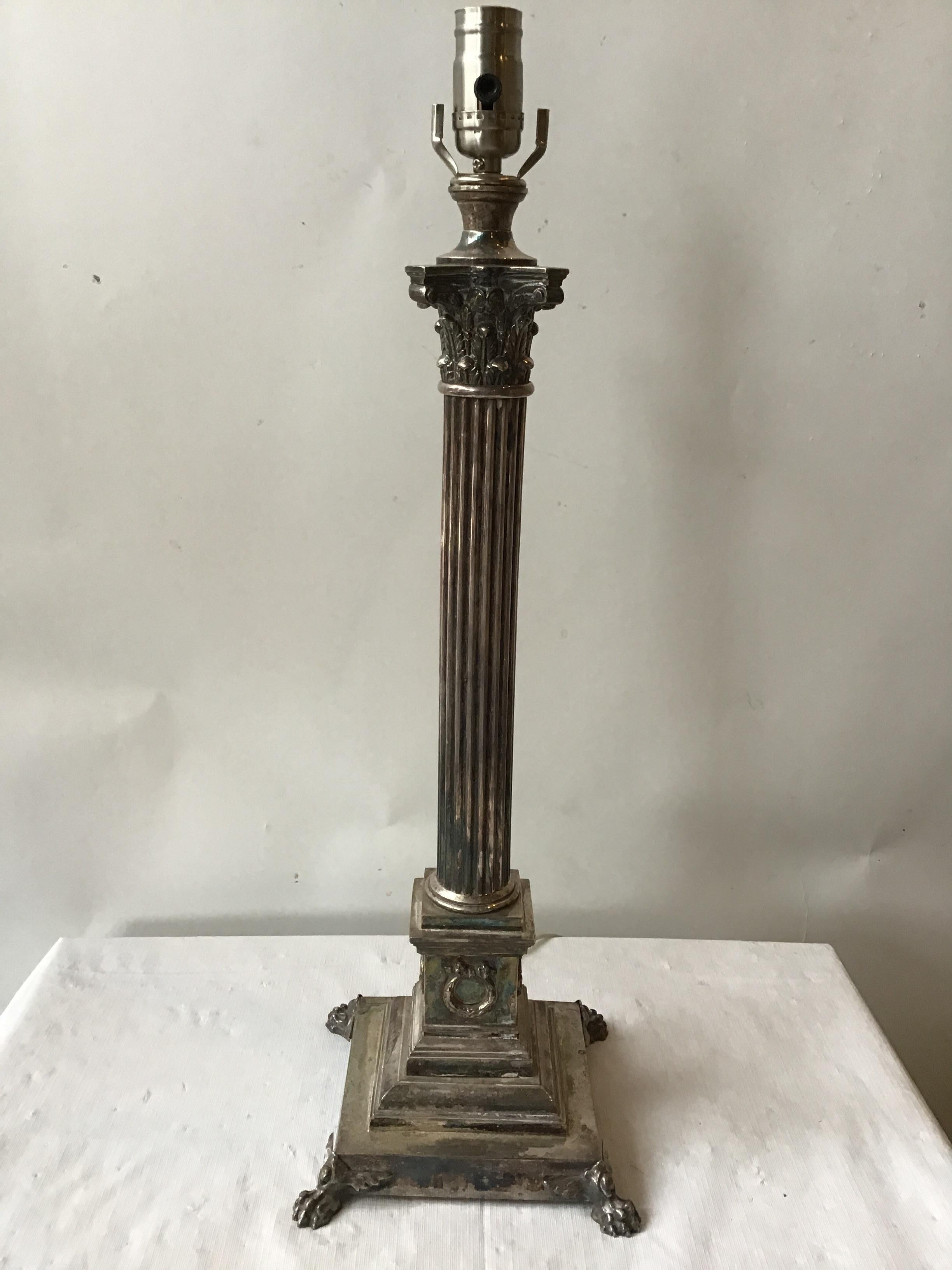 Originally oil lamps. Silver plate column lamps. Plate worn away in areas. Lamps need re wiring.
