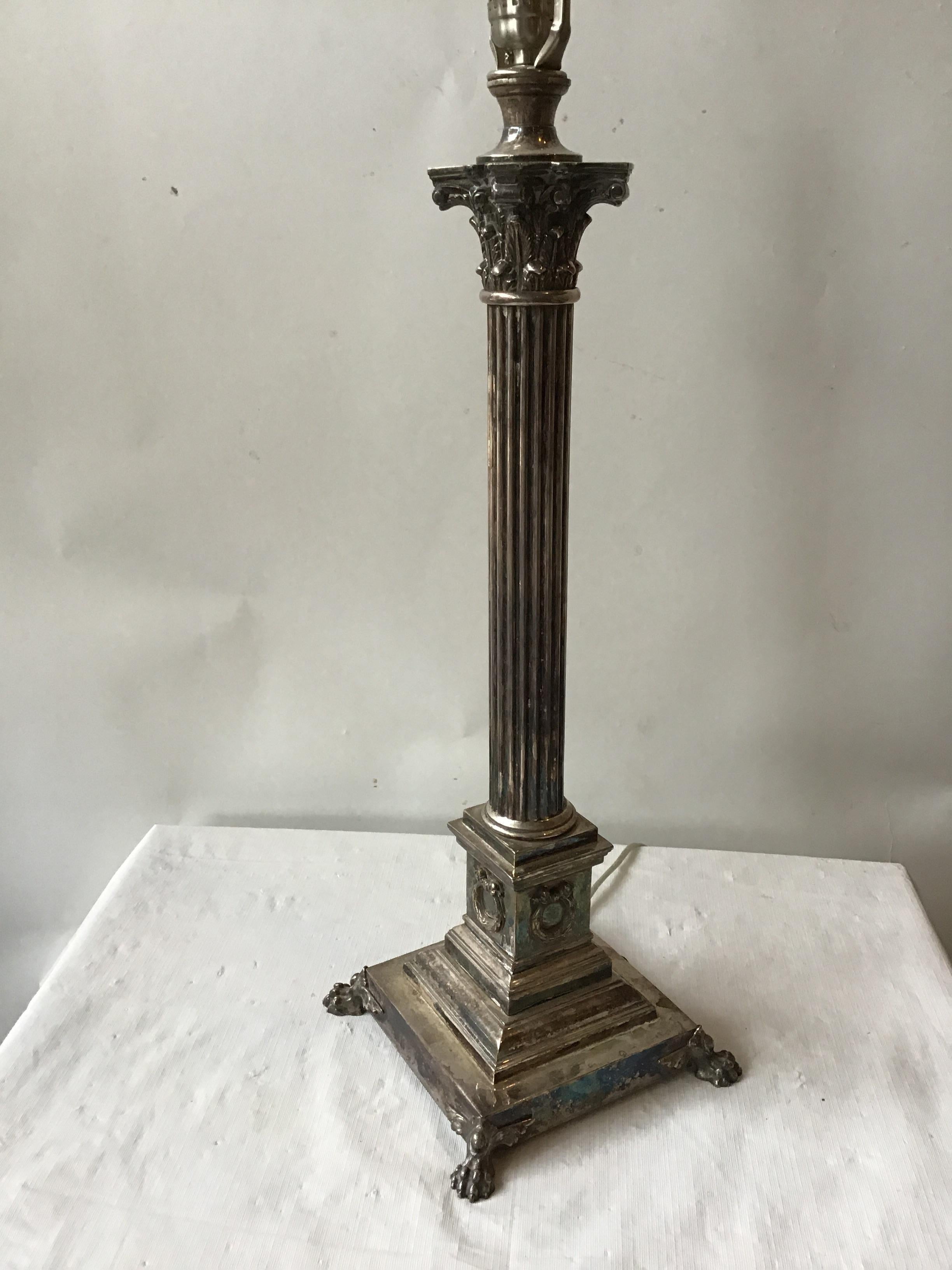 Pair of 1880s Tall Silver Plate Column Lamps In Good Condition For Sale In Tarrytown, NY