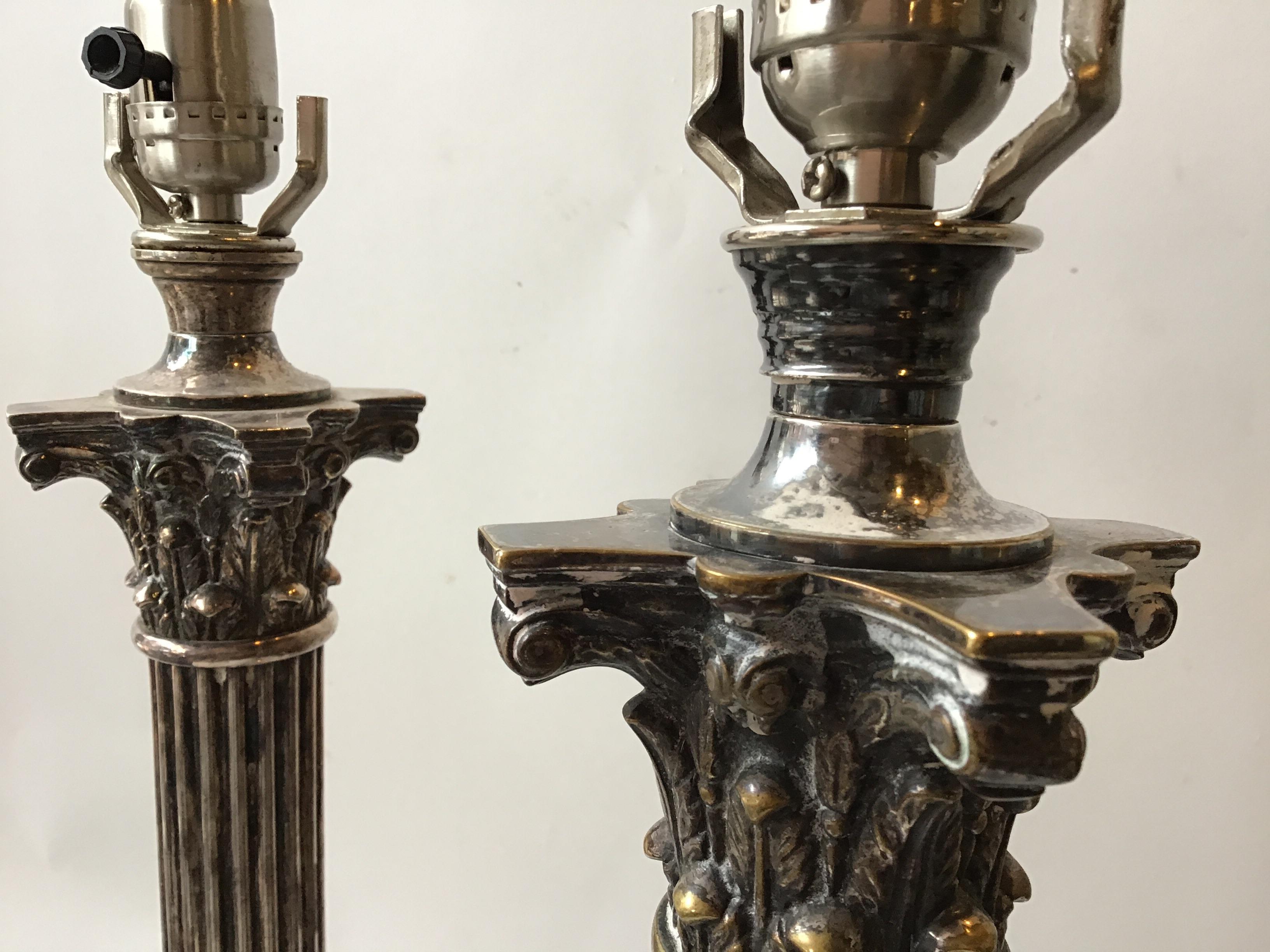 Late 19th Century Pair of 1880s Tall Silver Plate Column Lamps For Sale