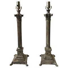 Antique Pair of 1880s Tall Silver Plate Column Lamps