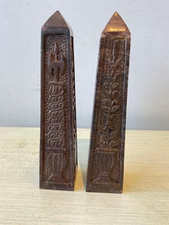 Pair Of 1890s Brown Marble Obelisks With Carved Floral Motif