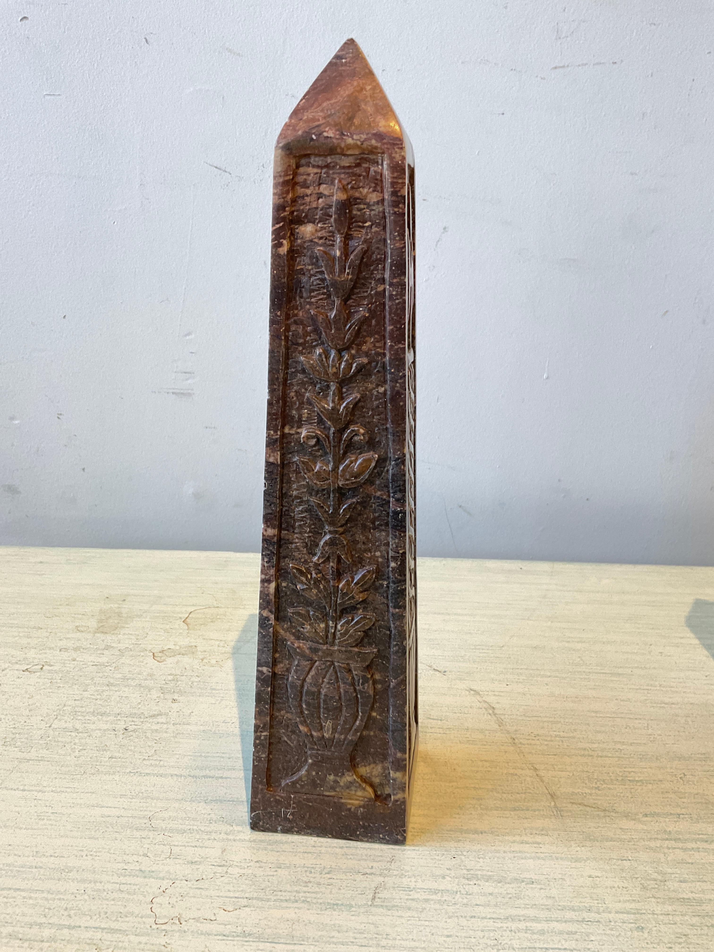 Pair Of 1890s Brown Marble Obelisks With Carved Floral Motif For Sale 1