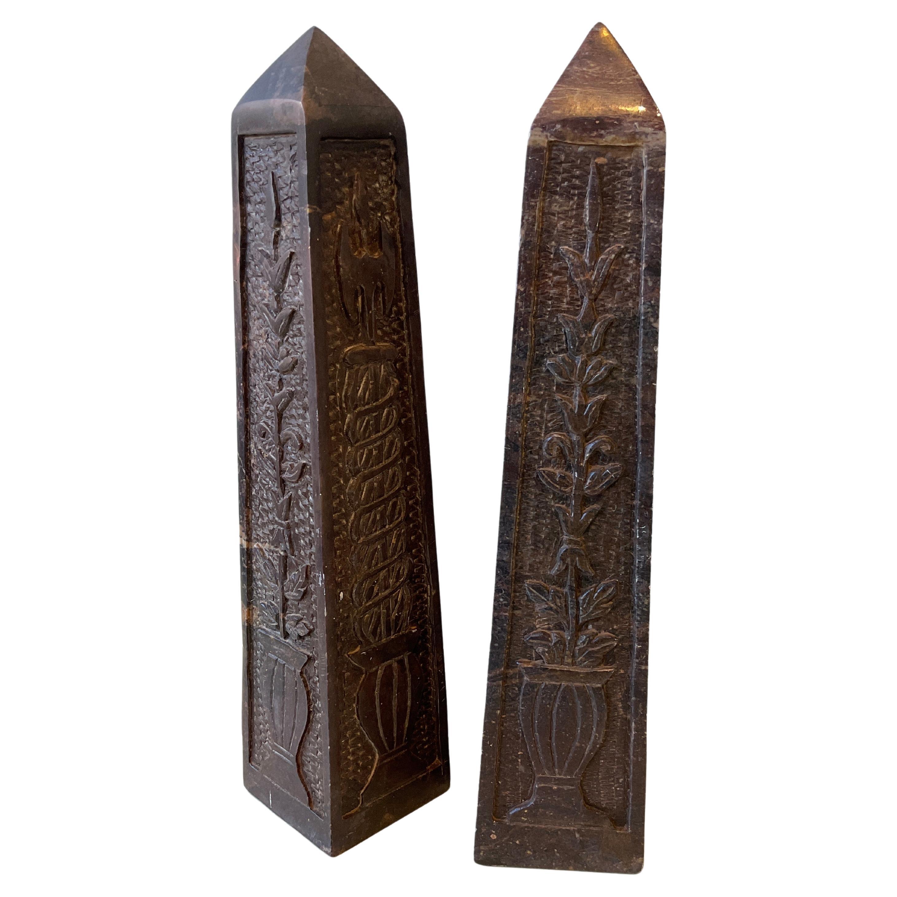 Pair Of 1890s Brown Marble Obelisks With Carved Floral Motif For Sale