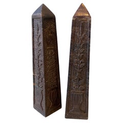 Pair Of 1890s Brown Marble Obelisks With Carved Floral Motif