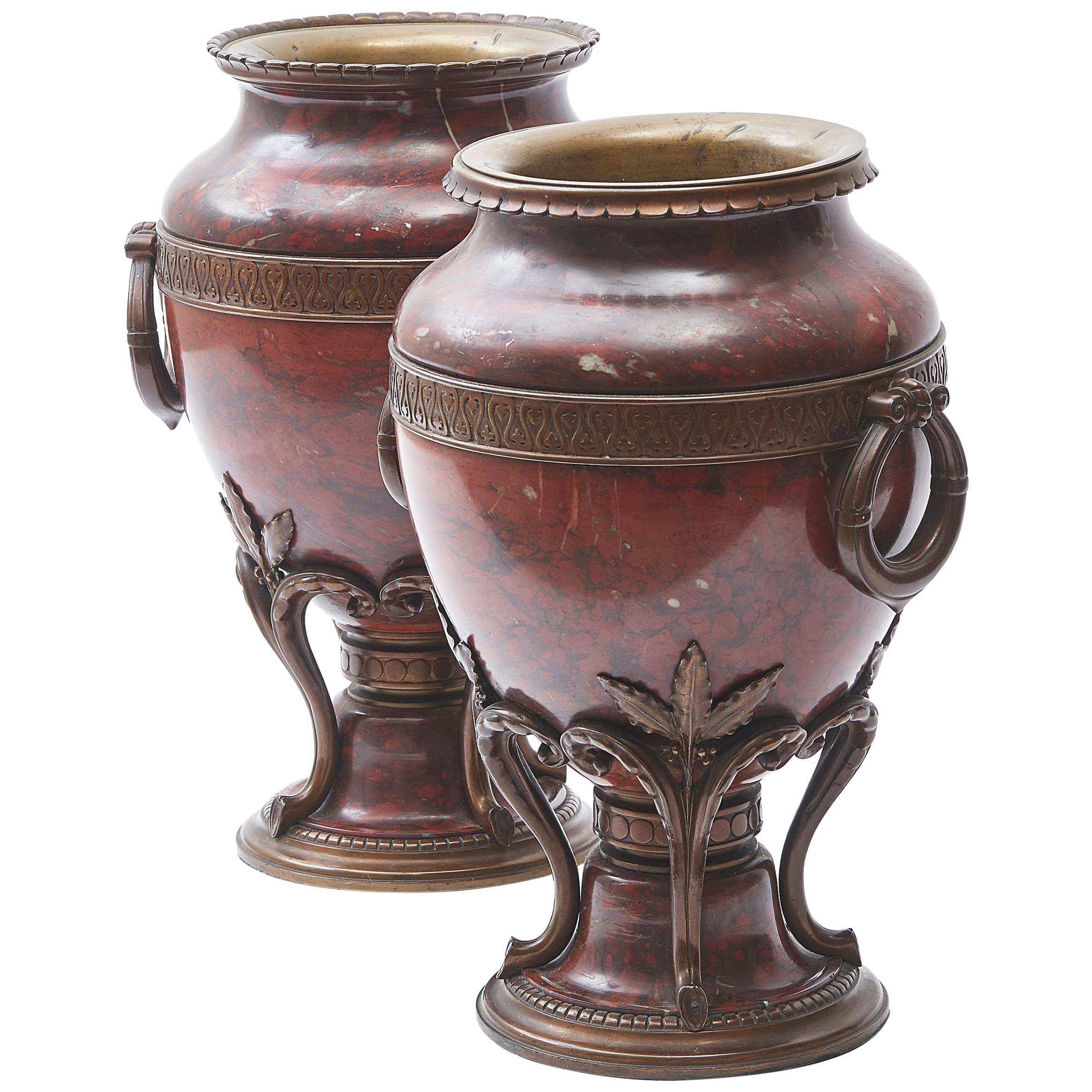 Pair of 1890s French Art Nouveau Patinated Bronze and Marble Cassoulets For Sale