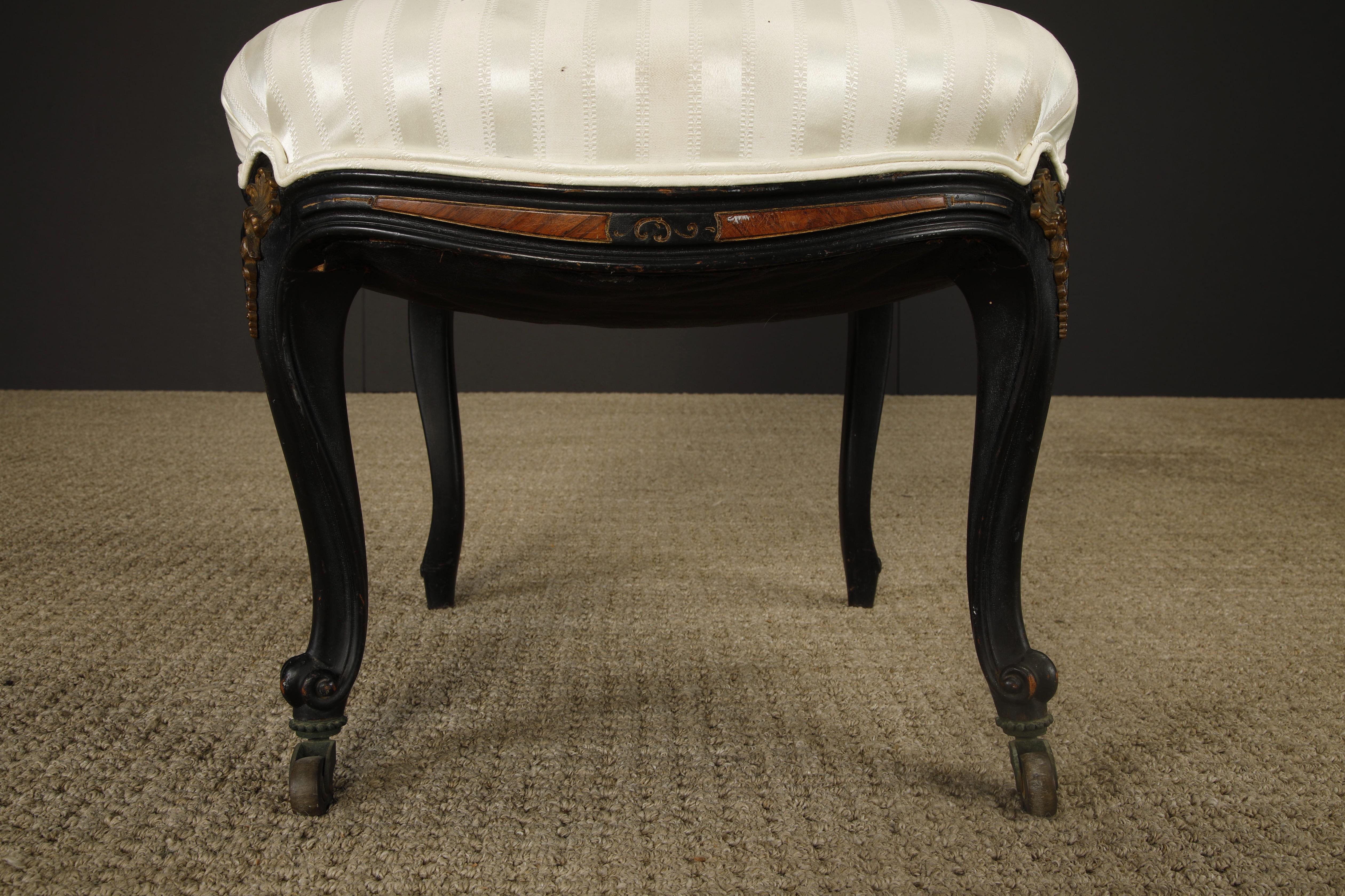 Pair of 1890s French Louis XV Carved, Gilt, Ebonized, and Upholstered Chairs For Sale 7