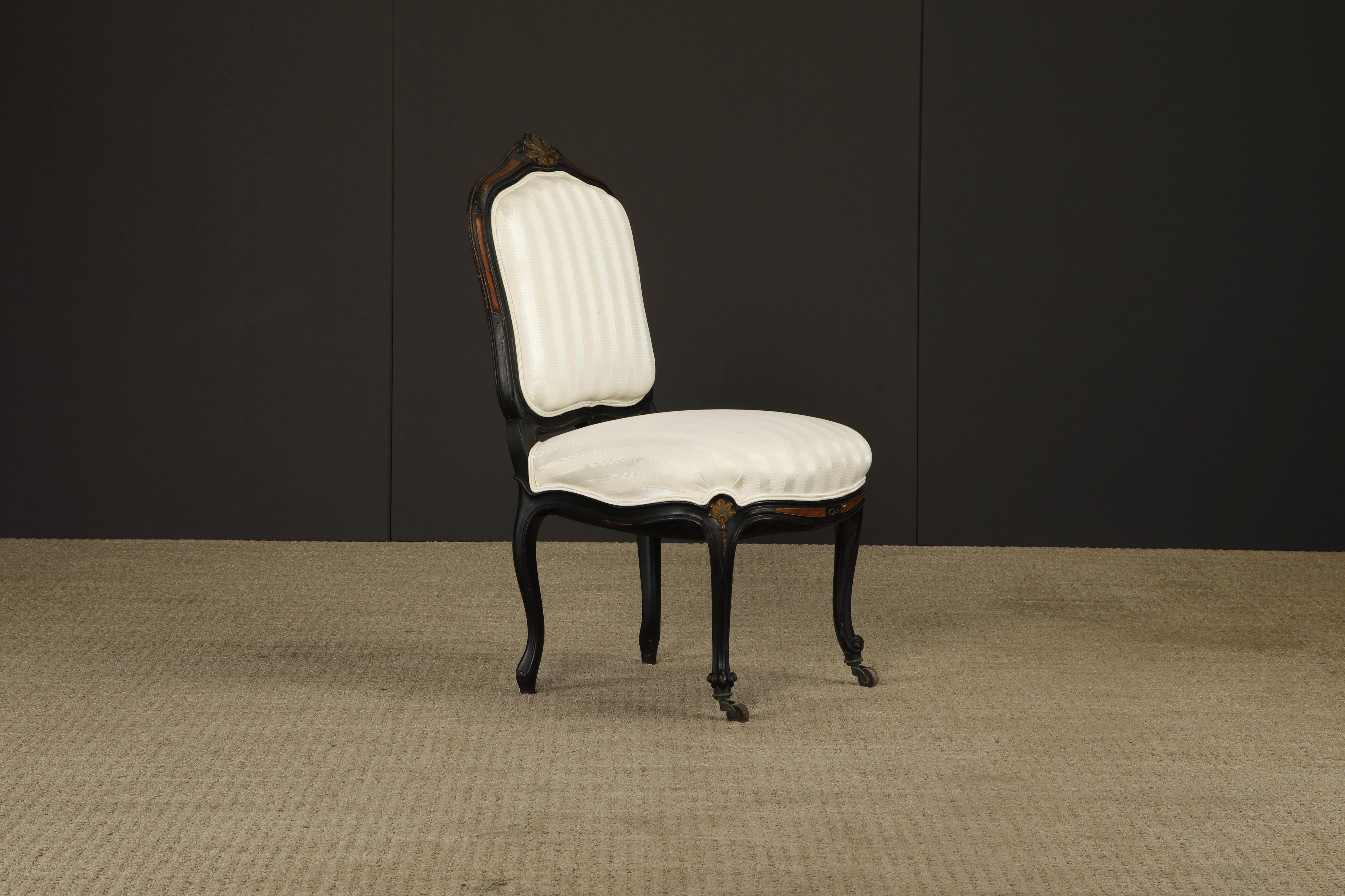 Pair of 1890s French Louis XV Carved, Gilt, Ebonized, and Upholstered Chairs For Sale 8